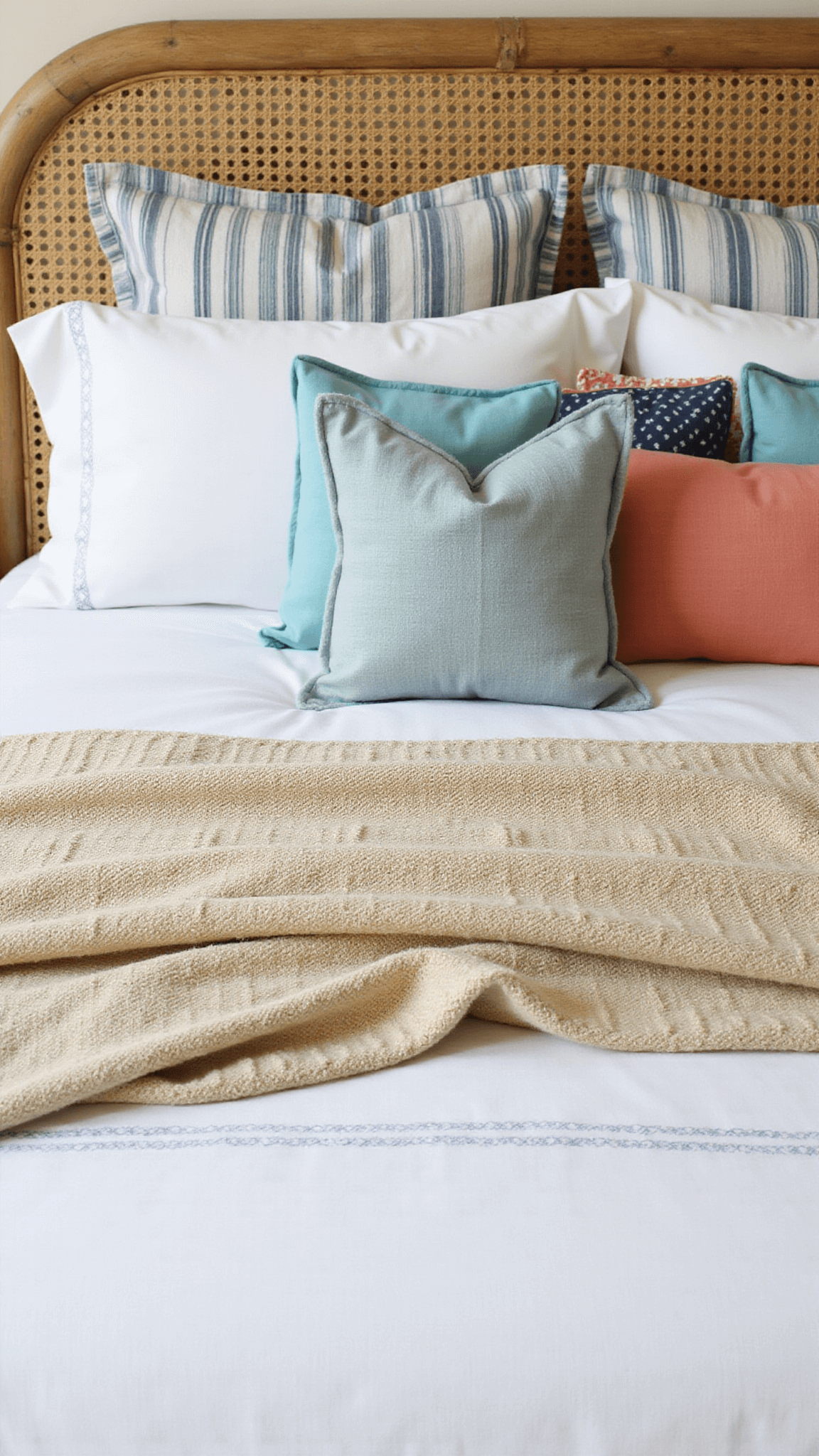 Layered bed styling with white linen duvet, sand cable-knit throw, striped and colorful accent pillows, and rattan frame in soft morning light.
