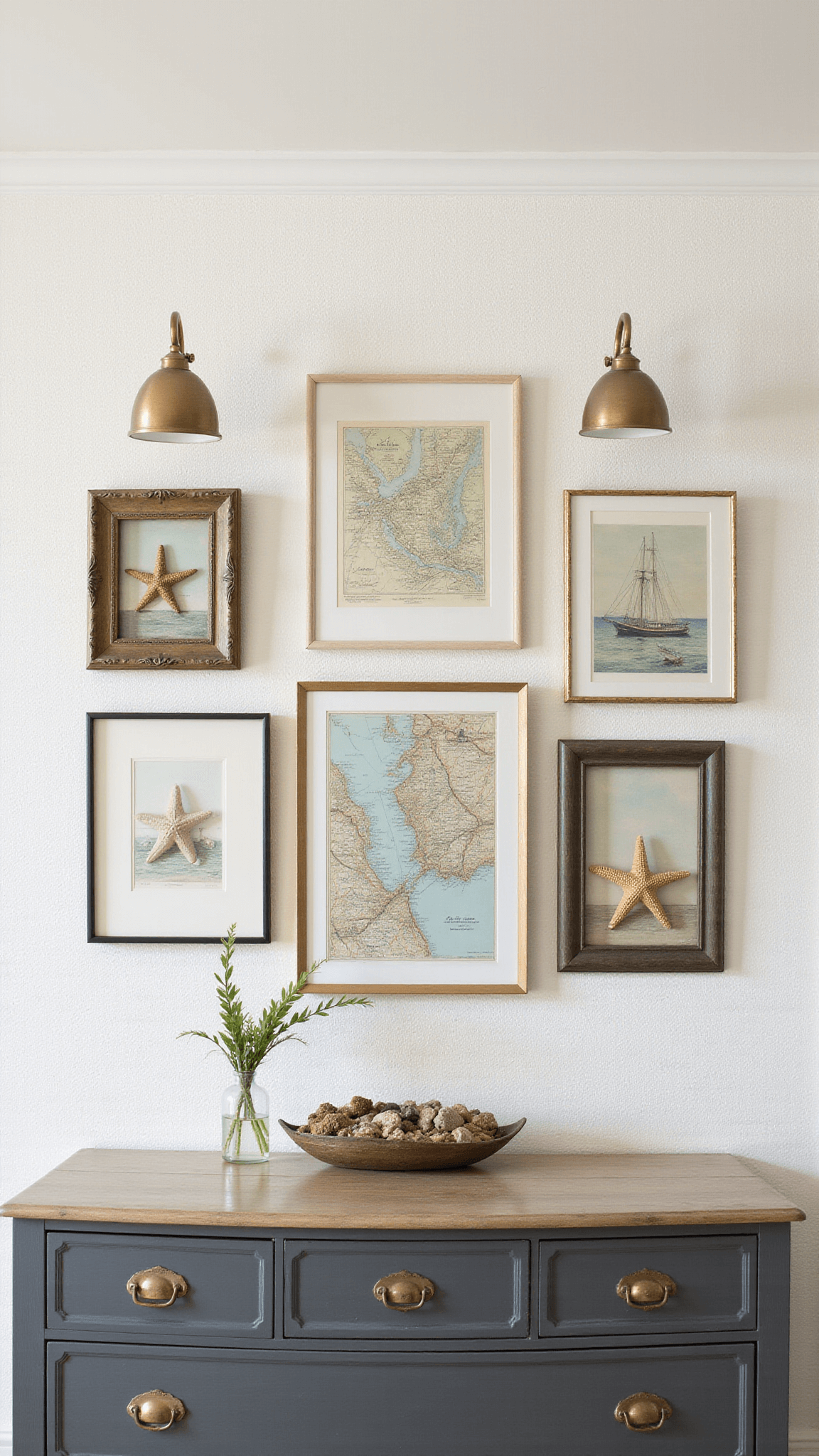 Coastal-themed gallery wall above dresser with nautical maps, seascapes, and starfish in shadowboxes, illuminated by brass picture lights against white grasscloth wallpaper.