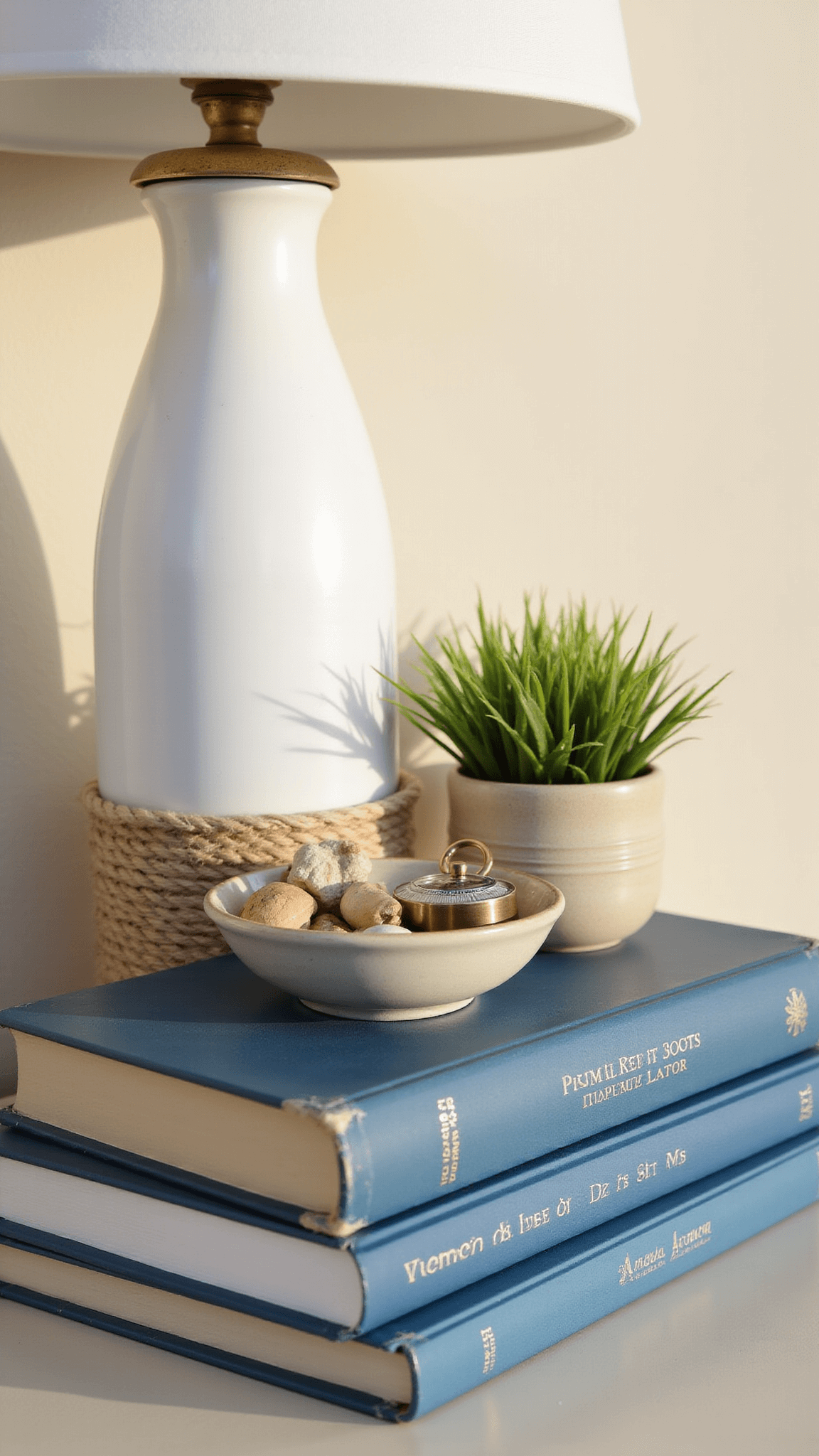 Coastal-style bedside table with white ceramic lamp, vintage blue books, brass compass, pottery bowl of shells, and potted grass in golden morning light.