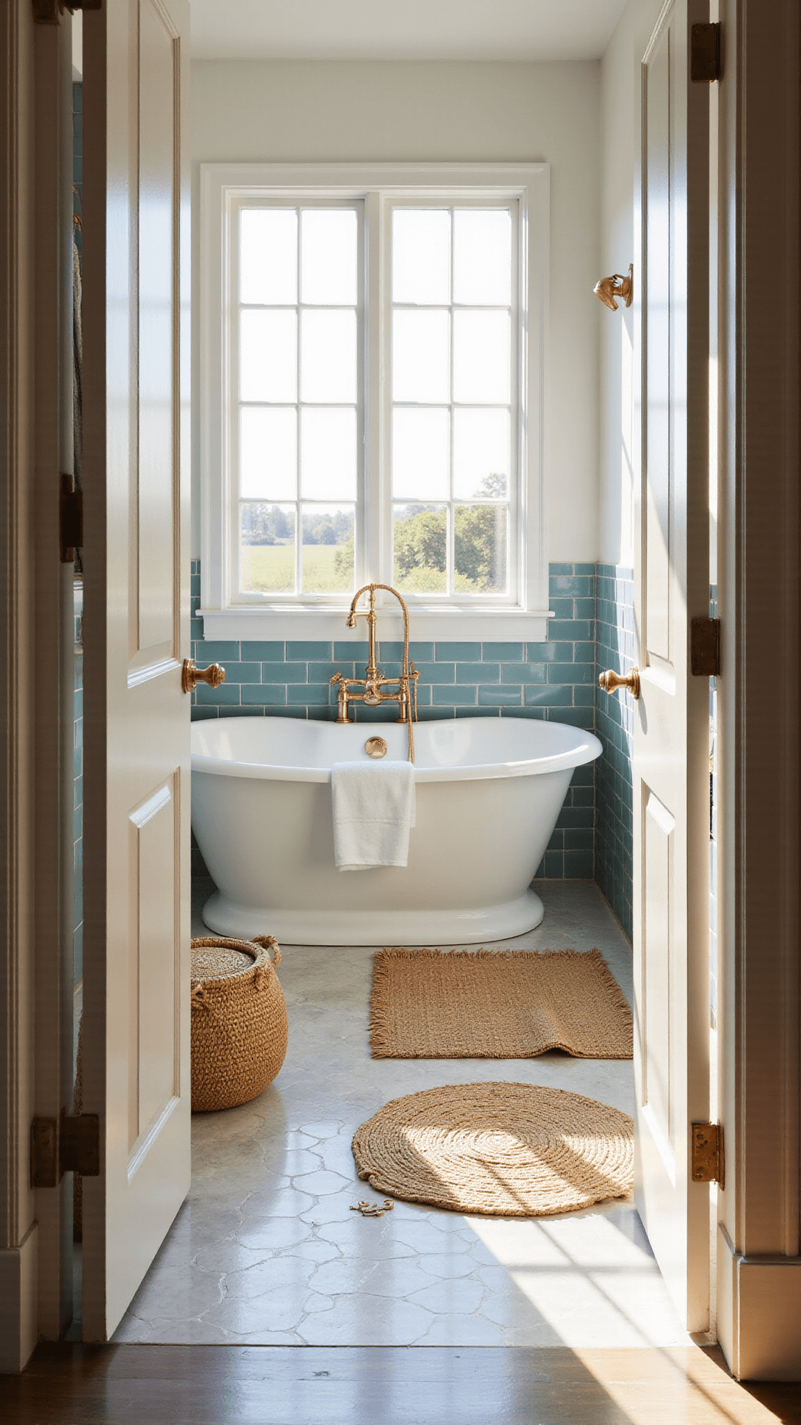 Coastal modern bathroom with freestanding tub, sea-blue tiles, brass fixtures, and natural light on marble hexagon floors during golden hour.