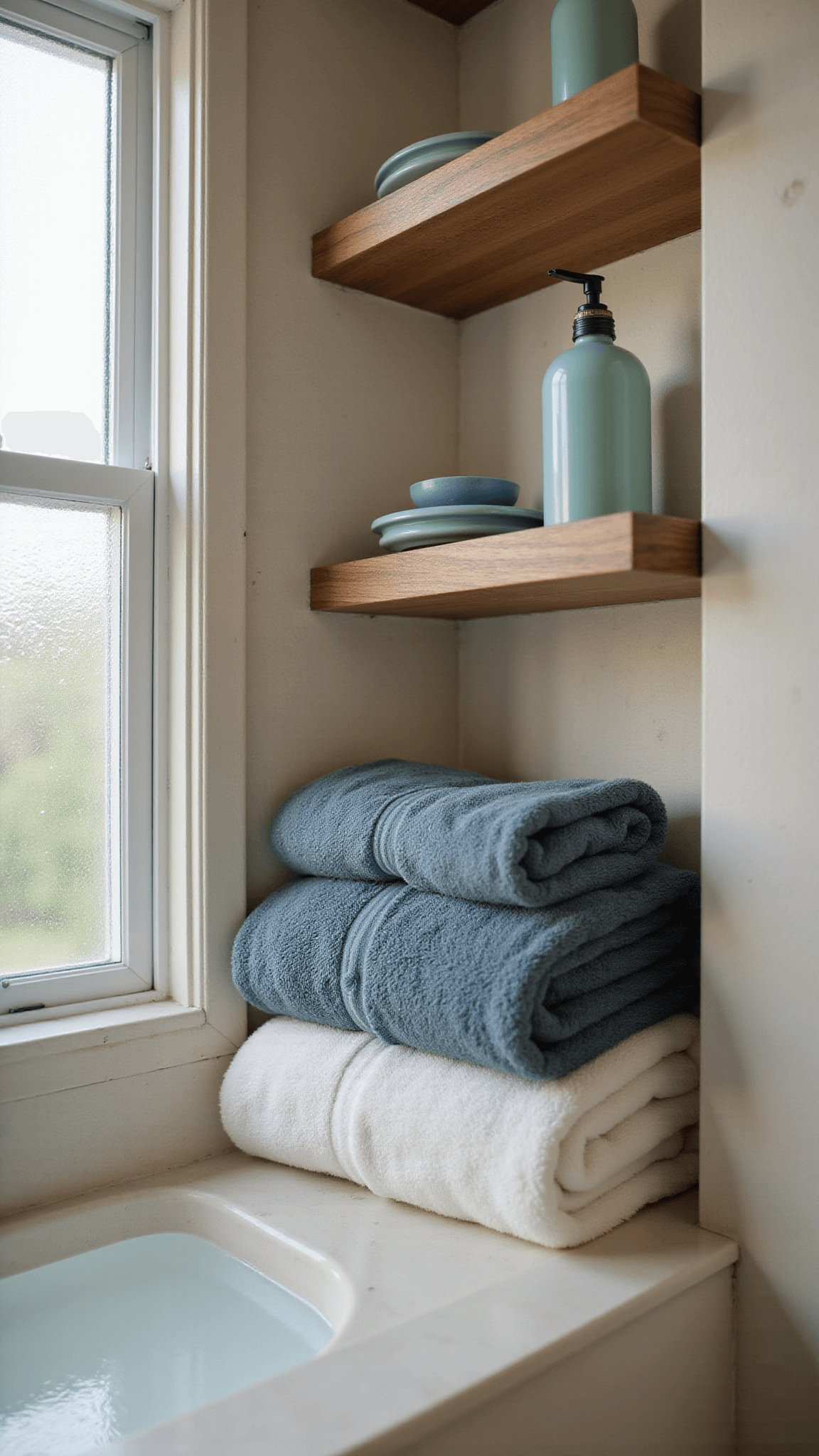 Close-up of teak shower shelf with artisanal soaps and sea glass bottles on cream limestone tiles, morning light highlighting water droplets and rolled slate blue and ivory towels.