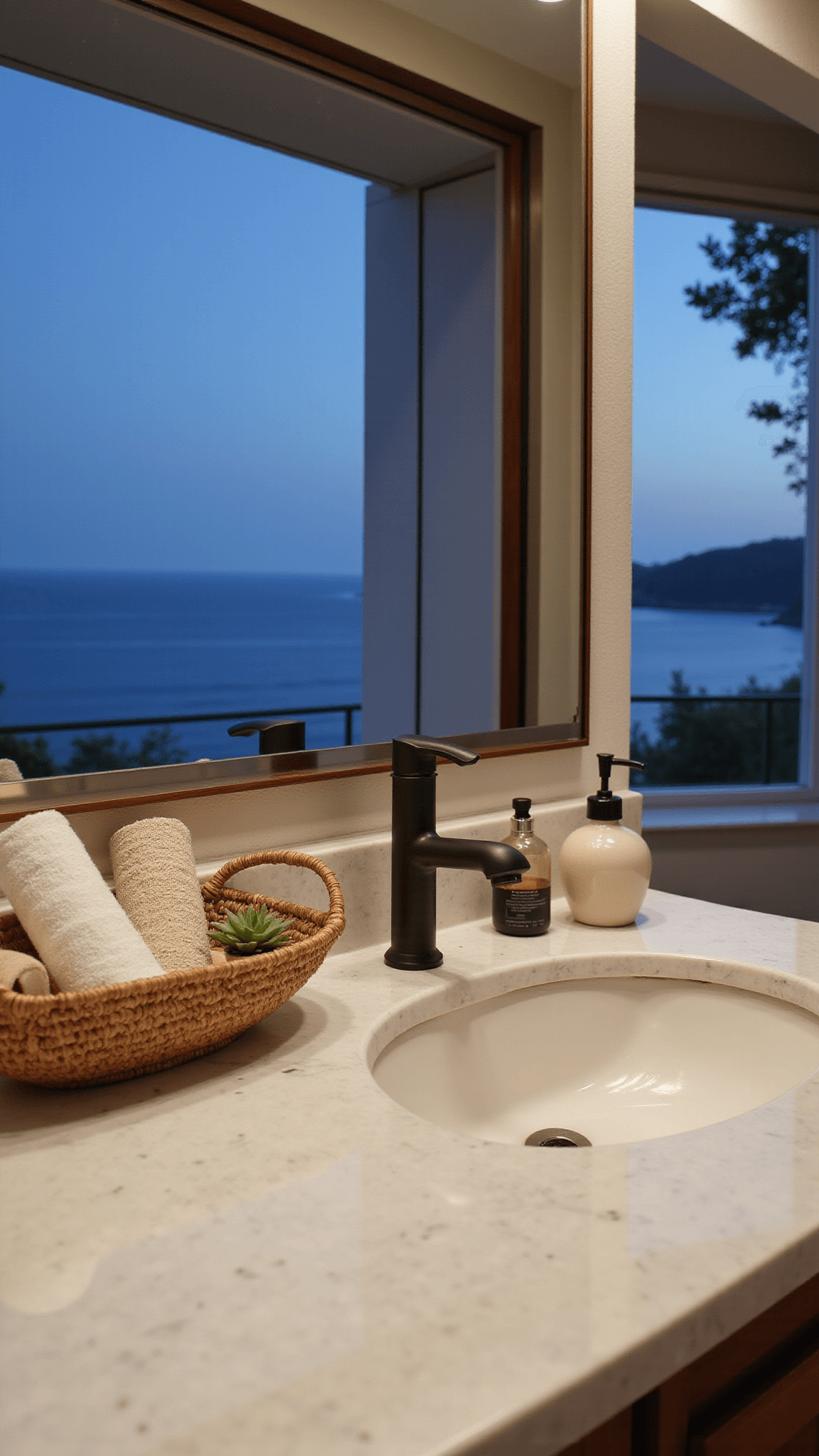 Close-up of marble bathroom countertop with matte black faucet, rolled towels in a basket, soap dispenser, and succulent, lit by warm and blue hour lighting.