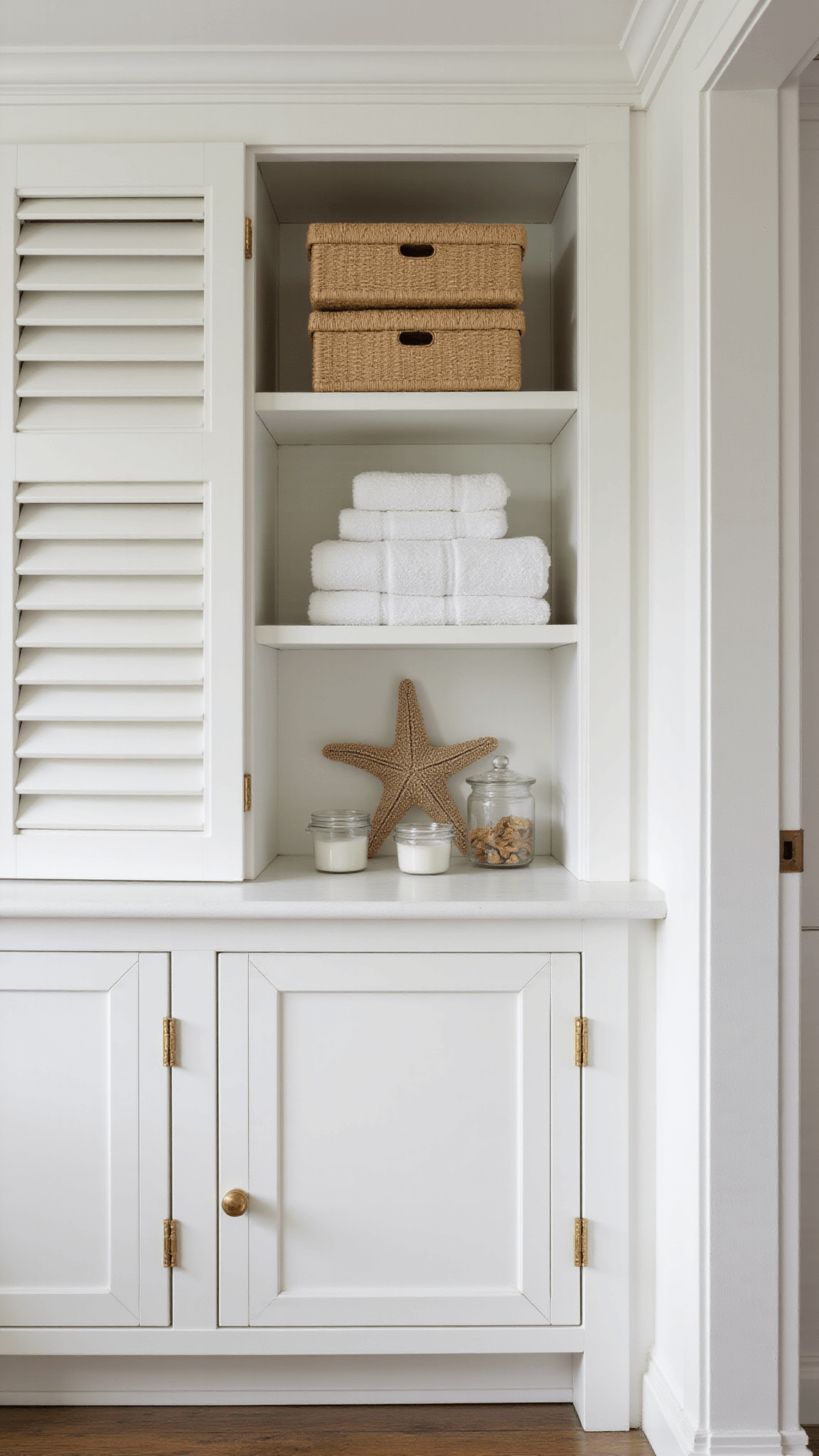 Coastal modern built-in shelving with organized towels, woven boxes, glass jars, and dried starfish, lit by soft afternoon light through plantation shutters.