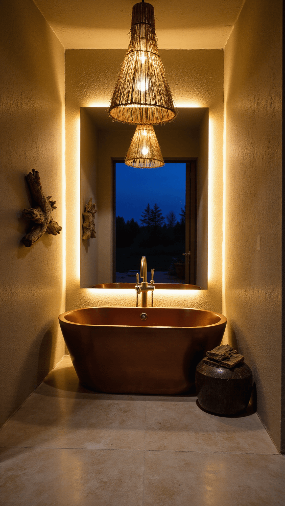 Twilight coastal bathroom with copper soaking tub, backlit mirror, limestone wall, and seagrass pendant lighting.