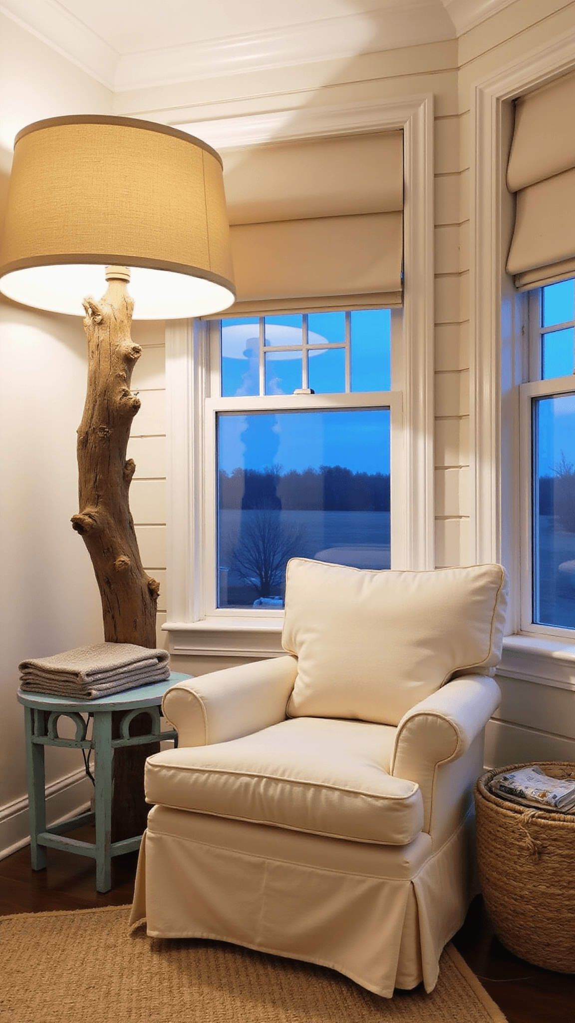 Cozy twilight reading nook with ivory armchair, driftwood floor lamp, blue side table, and shiplap walls.