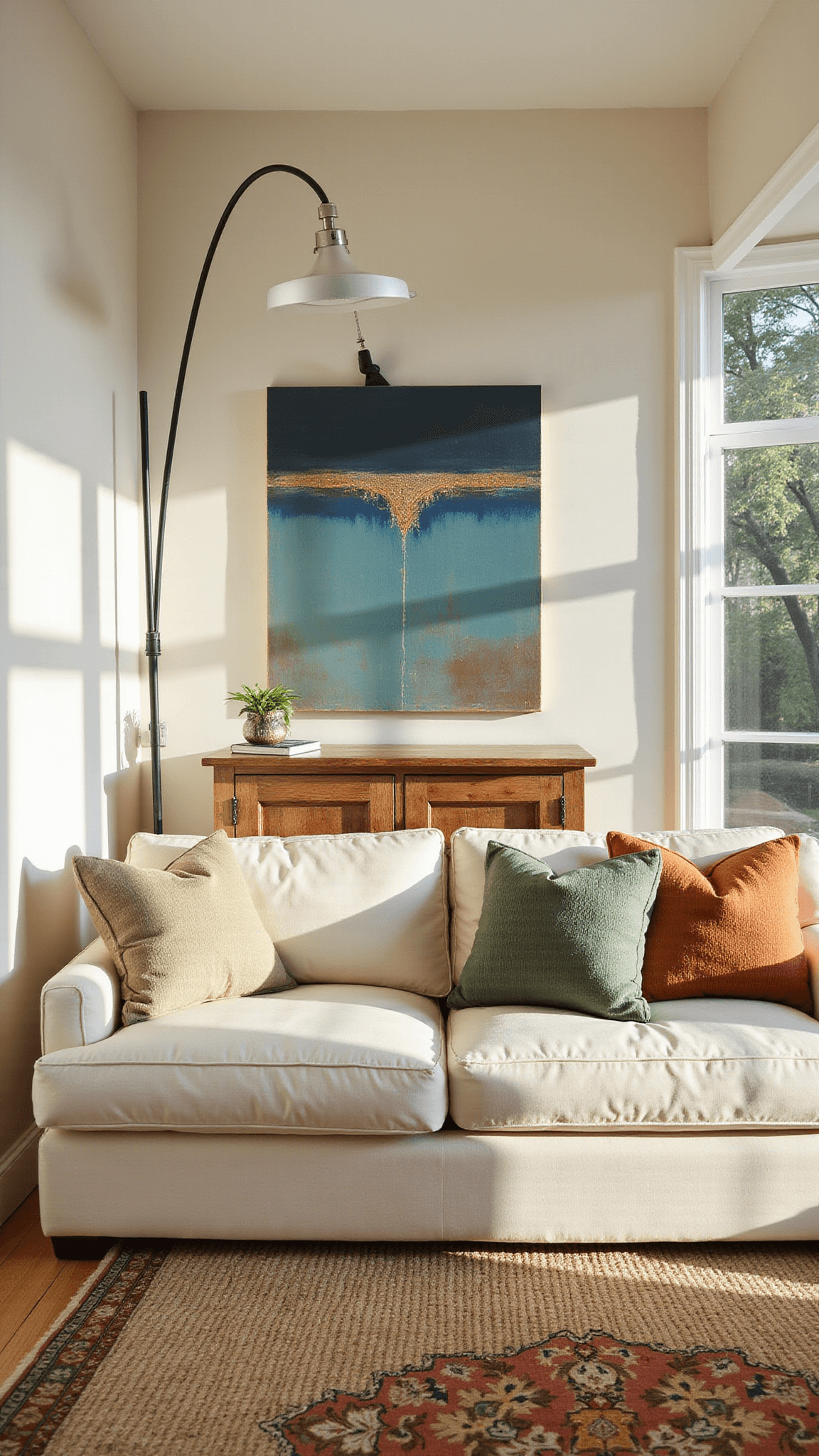 Contemporary living room with cream sectional, sunlit oak floors, abstract art, and layered rugs at golden hour.