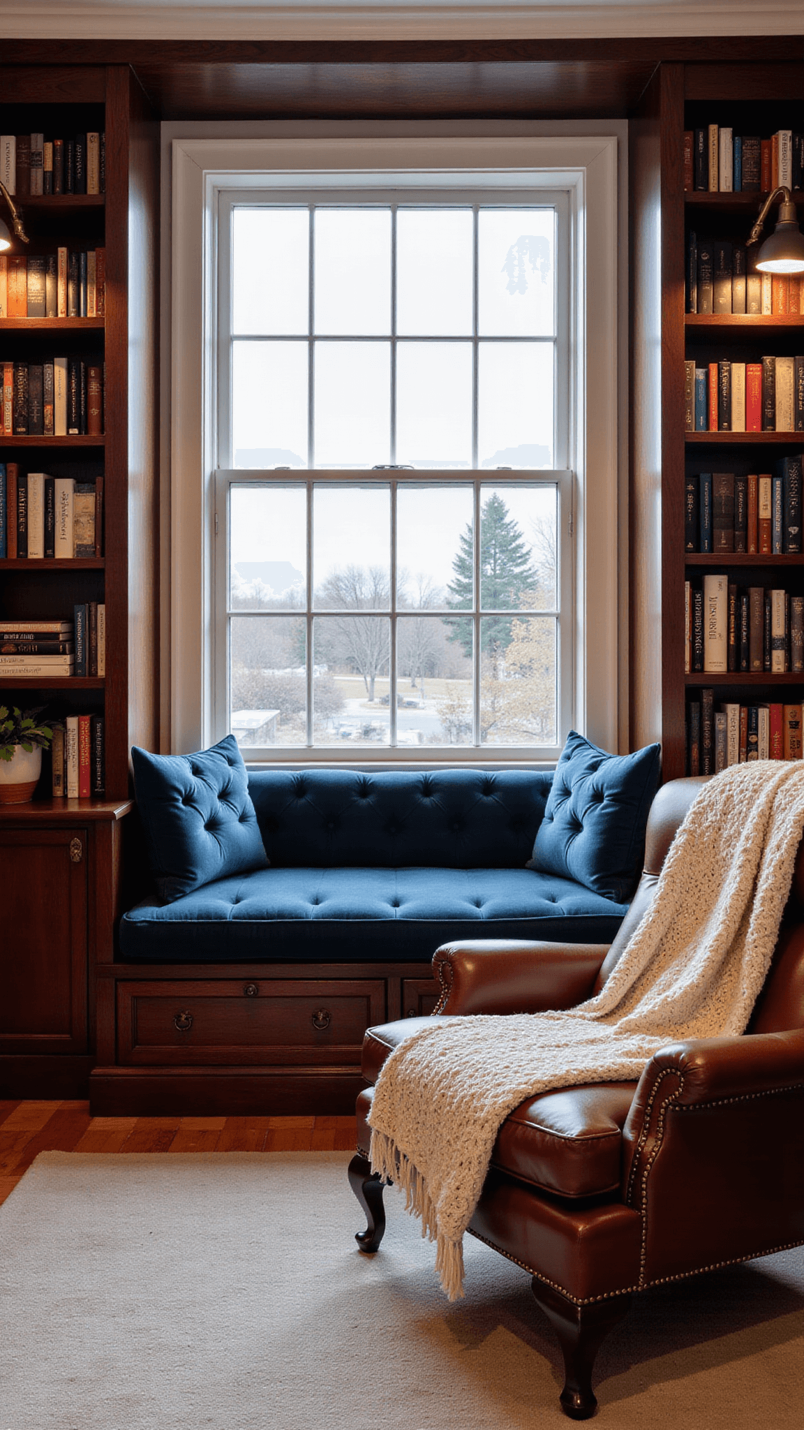 Cozy twilight living room with a slate blue velvet window seat, dark walnut bookshelves, brass library lights, and a vintage leather armchair with a cream knit throw.