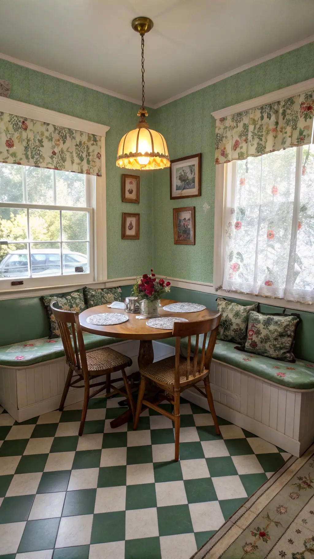1940s style kitchen nook with sage walls, vintage botanical prints, wooden dining set with floral cushions, brass lamp, jadeite dishware, and morning light through sheer curtains.
