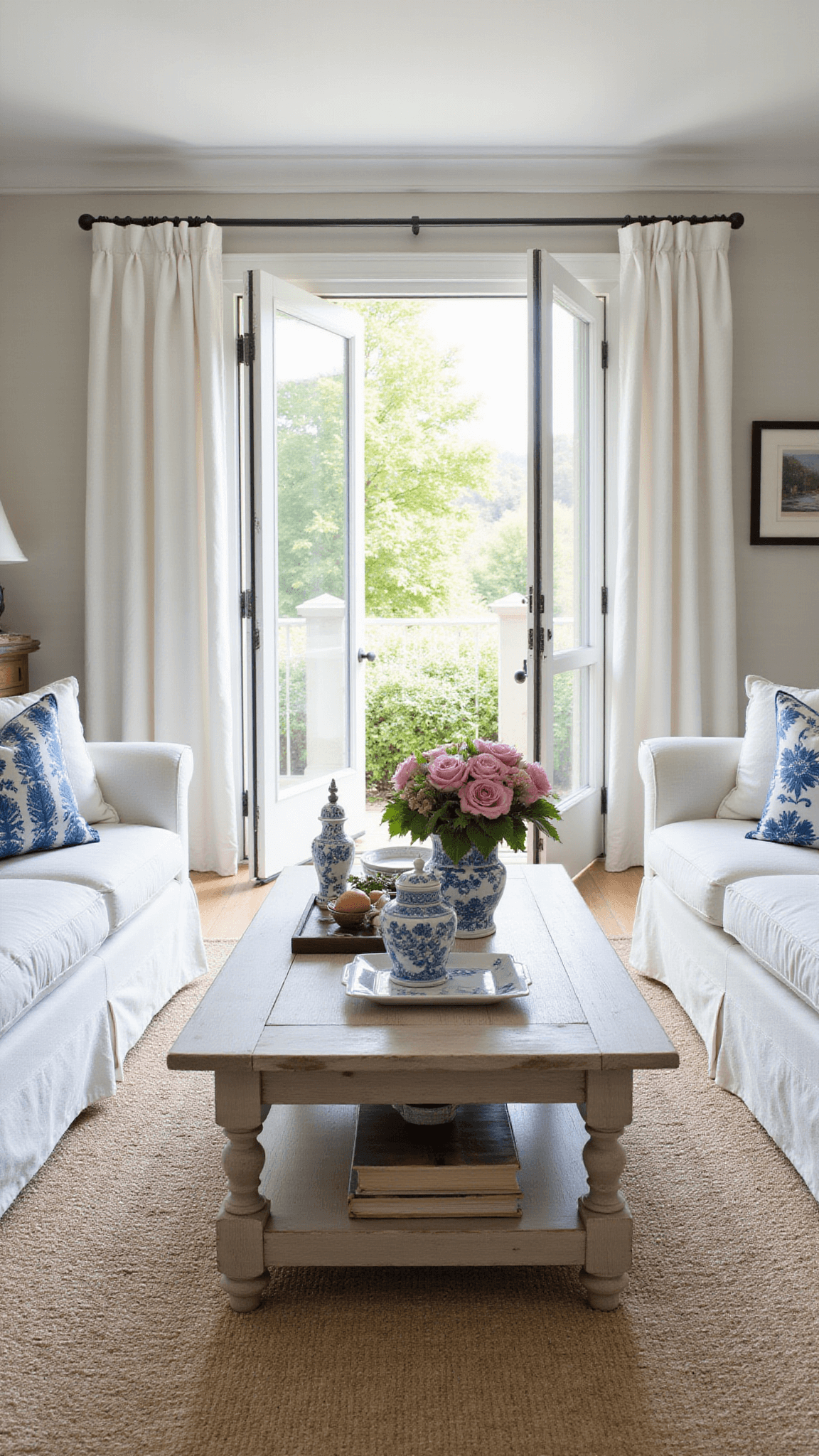 Bright transitional living room with slipcovered white sofas, bleached wood coffee table, and coastal accents, featuring French doors opening to garden view.