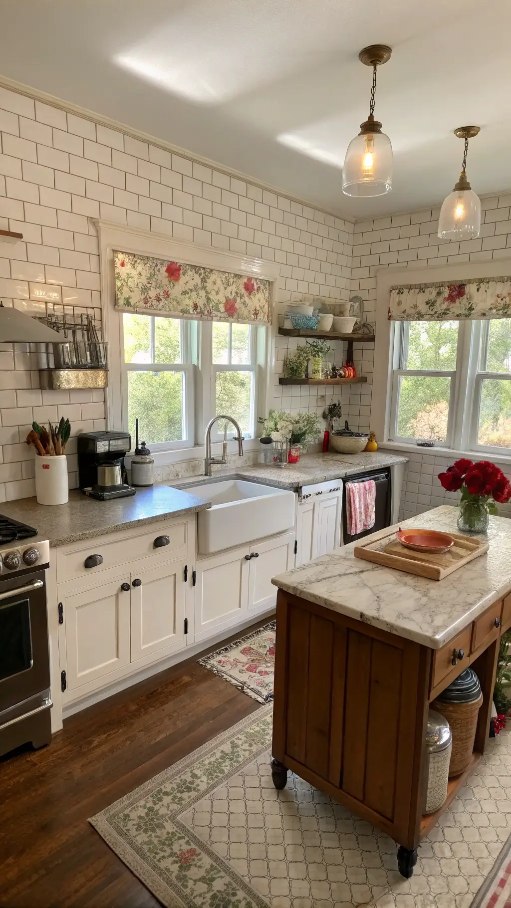 Bright and spacious 15x18ft kitchen with white subway tiles, floral wallpaper, massive farmhouse sink contrasted by retro-colored modern appliances and vintage enamelware, highlighted by natural light from east-facing windows, captured at f/8.