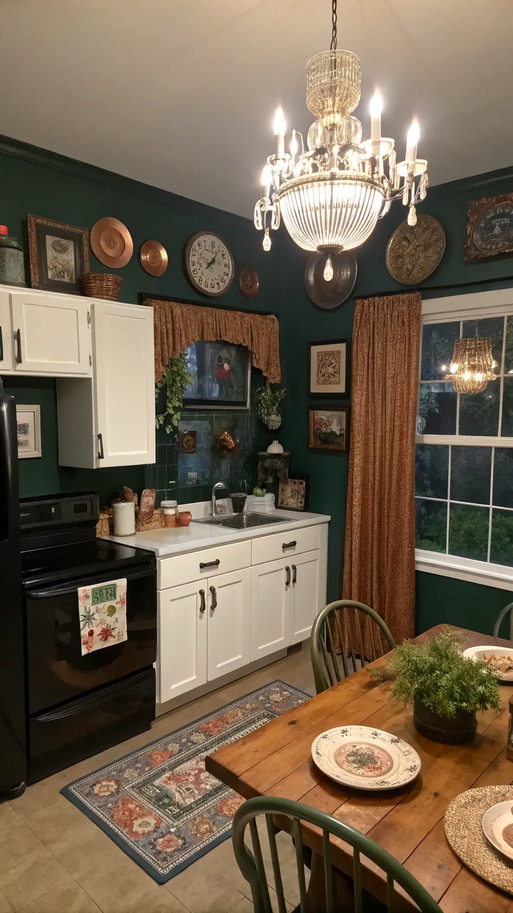 Eclectic 13x15ft kitchen with dark emerald walls, antique white cabinets, modern black appliances, and crystal chandelier over a set table, framed by velvet curtains with a garden view at twilight.