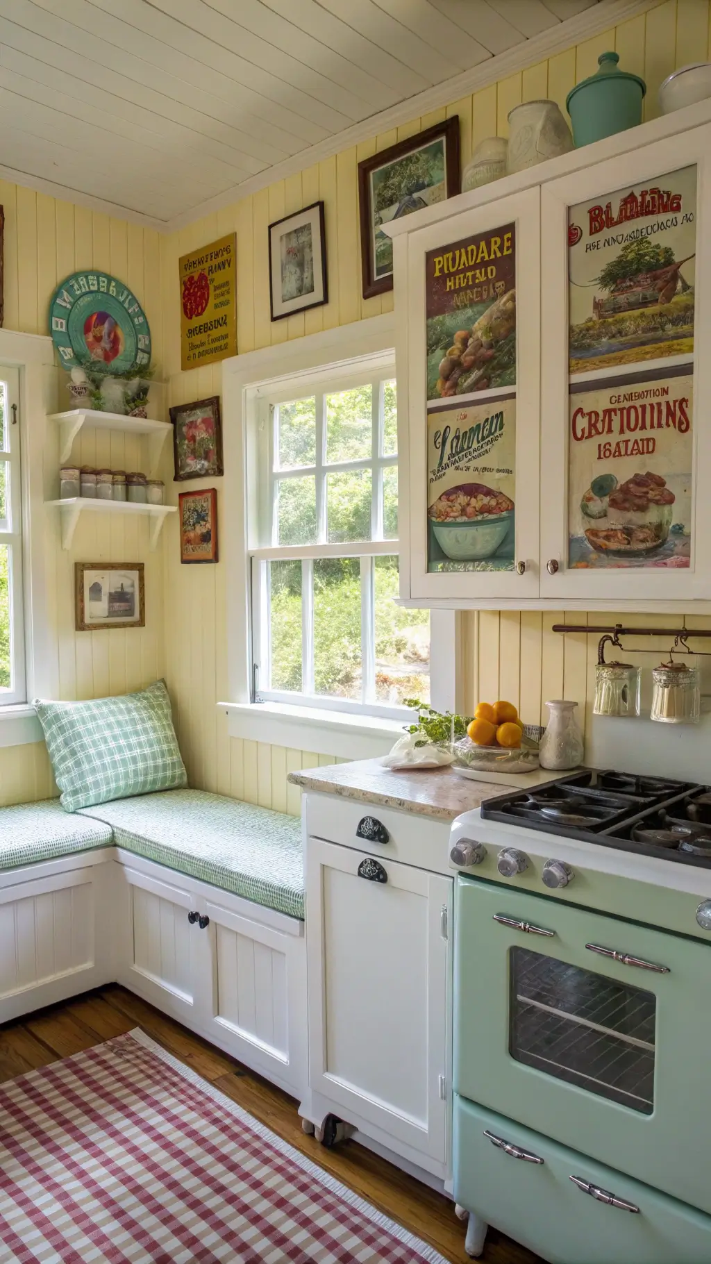 Vintage-inspired kitchen with yellow beadboard walls, white and glass antique cabinets filled with colorful Fiestaware, a mint green vintage stove, and a window seat with gingham cushion overlooking a garden, bathed in soft morning light.