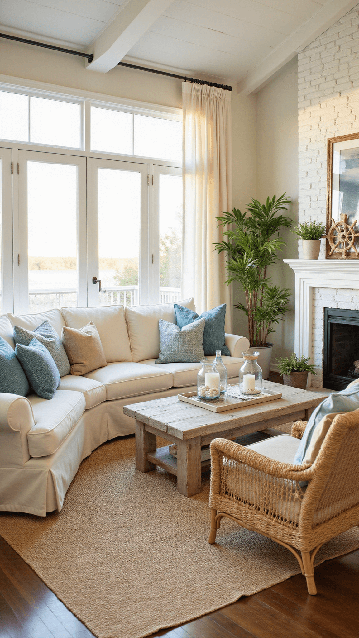 Coastal living room with cream sectional, driftwood coffee table, rattan chairs, and billowing linen curtains in golden hour light.