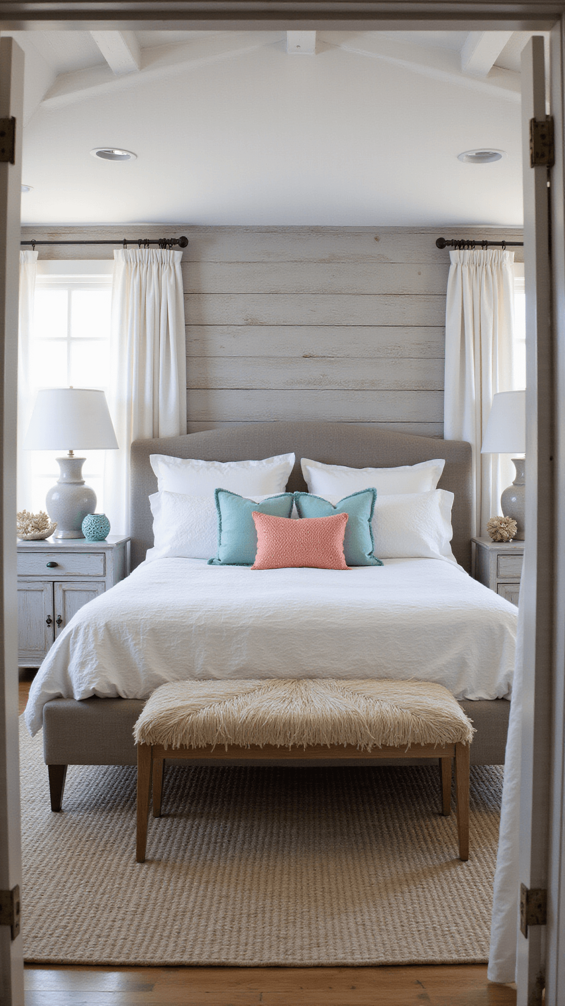 Cozy coastal bedroom with white linen king bed, aqua and coral accents, vaulted ceiling, and moody dawn lighting.