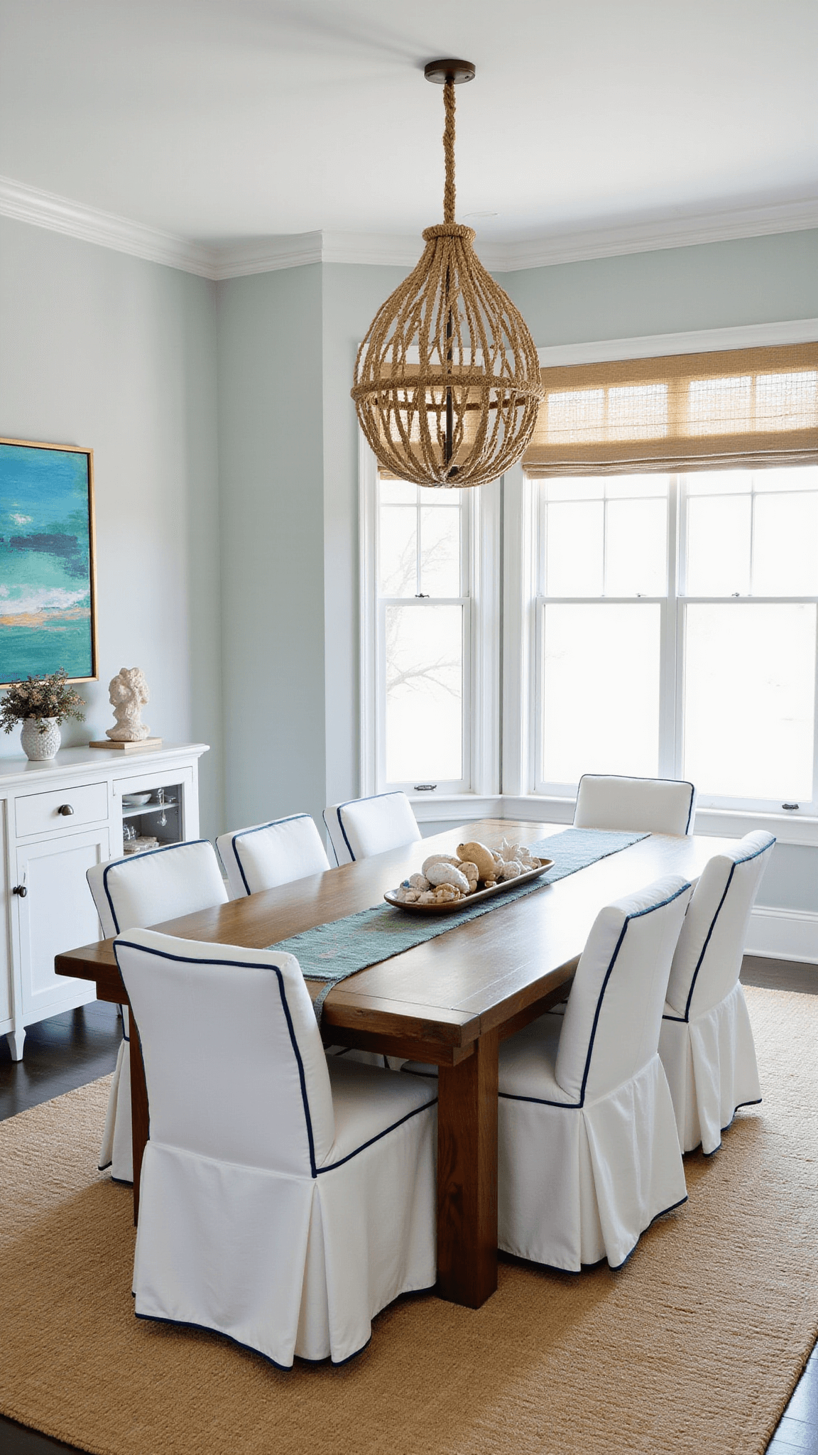 Bird's eye view of bright coastal dining room with teak table, white slip-covered chairs, seascape art, and nautical decor.