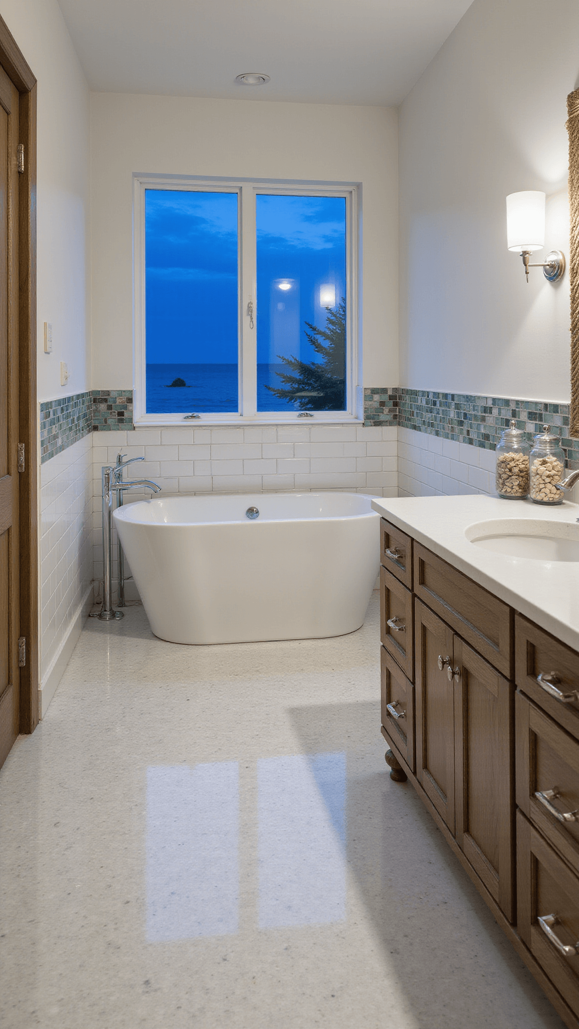 Luxurious coastal bathroom with freestanding tub, marble hex tile floor, sea glass mosaic accents, and ocean view at twilight.