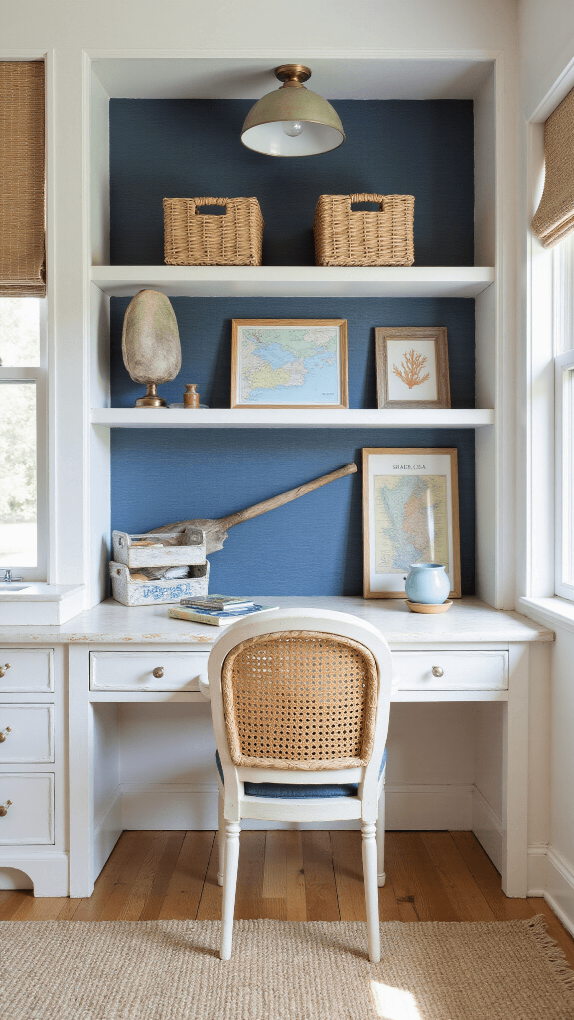Coastal home office with white built-in shelves, navy grasscloth backing, whitewashed desk, rattan chair, and nautical decor in bright afternoon light.