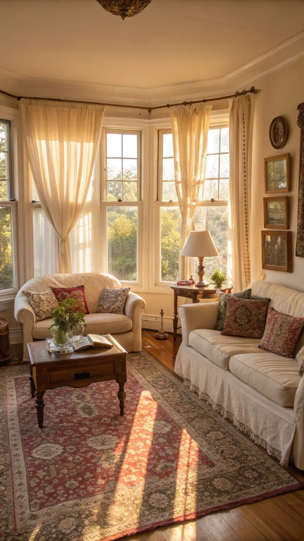 Sunlit vintage living room with bay windows, Persian rug, creamy slipcovered sofa, antique furniture, and cozy reading nook, captured at golden hour from an elevated angle.