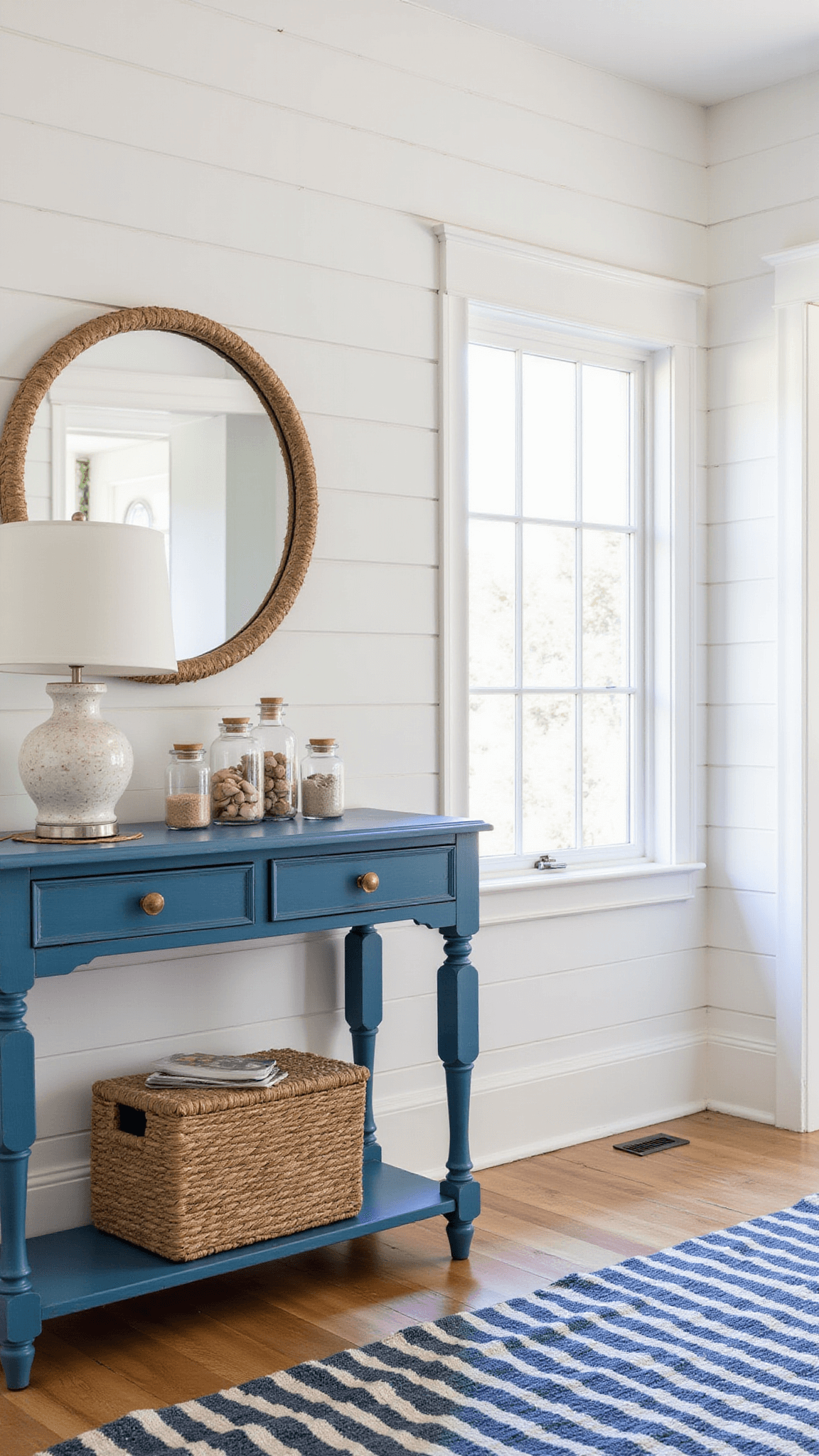 Coastal entryway with white shiplap walls, vintage blue console table, capiz shell mirror, and navy striped runner.