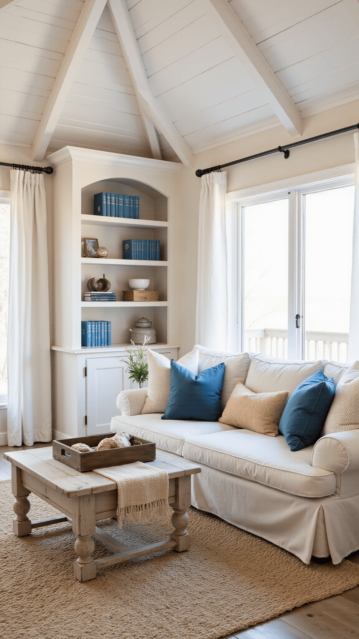 Coastal family room with cathedral ceiling, white beams, blue-accented sectional, and sunset light filtering through linen curtains.