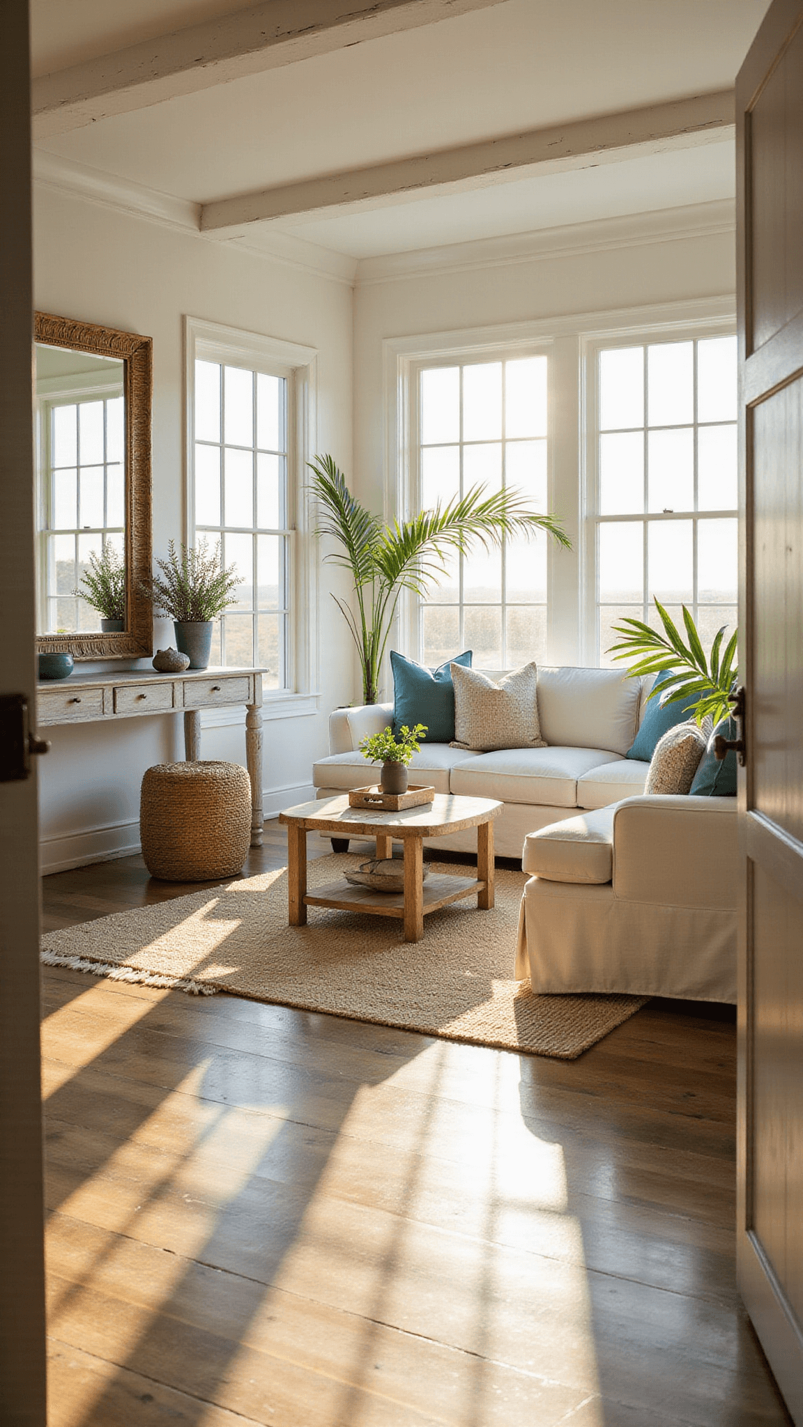 Sunlit coastal living room with vaulted ceilings, white linen sectional, rattan mirror, driftwood console, and floor-to-ceiling windows casting golden hour light over layered rugs and wood flooring.