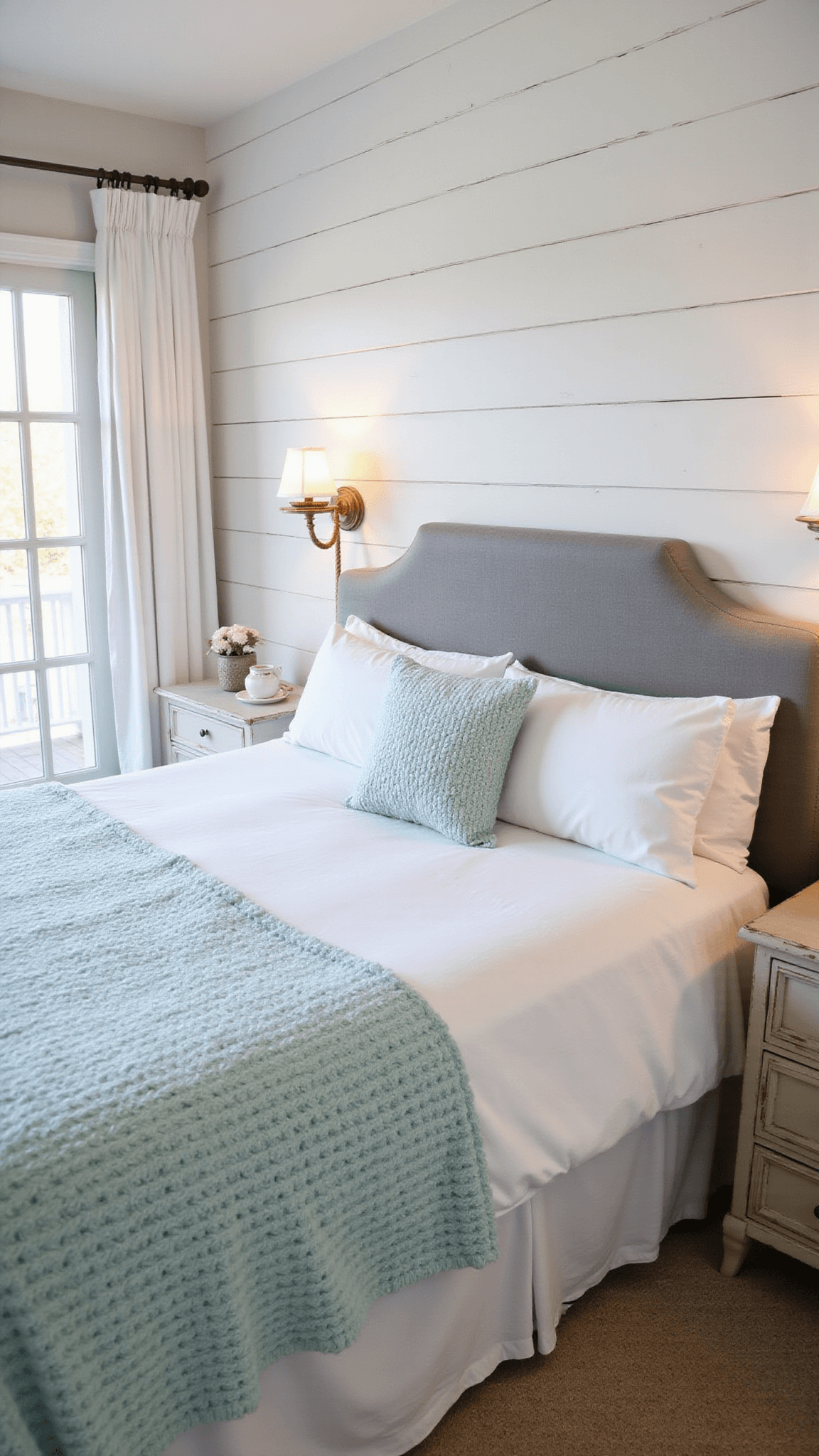 Coastal bedroom with weathered gray bed, white linens, pale aqua throw, billowing sheer curtains, and warm rope sconces during blue hour.
