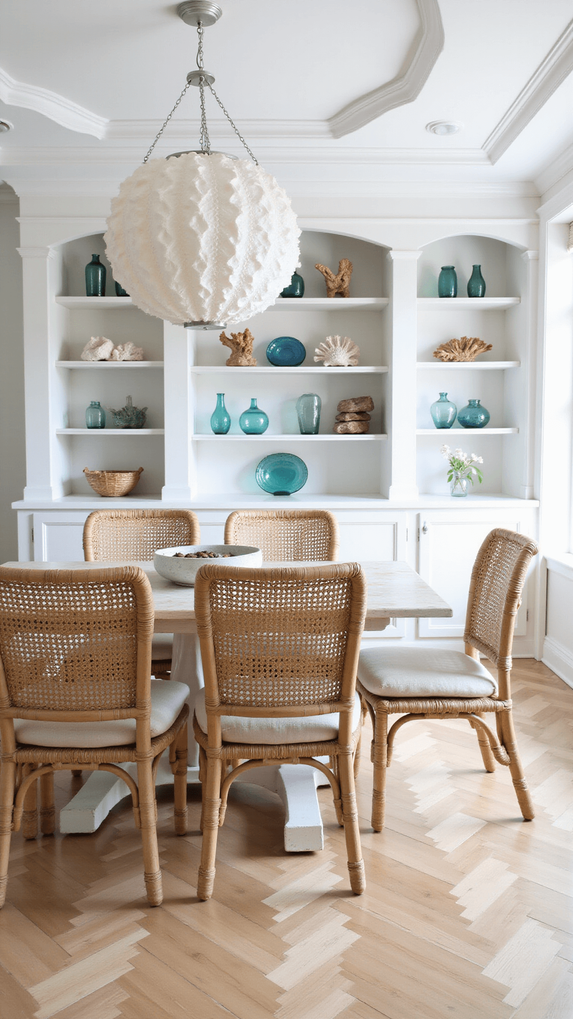 Bright dining room with whitewashed table, rattan chairs, capiz shell chandelier, and coastal décor on built-in shelves.