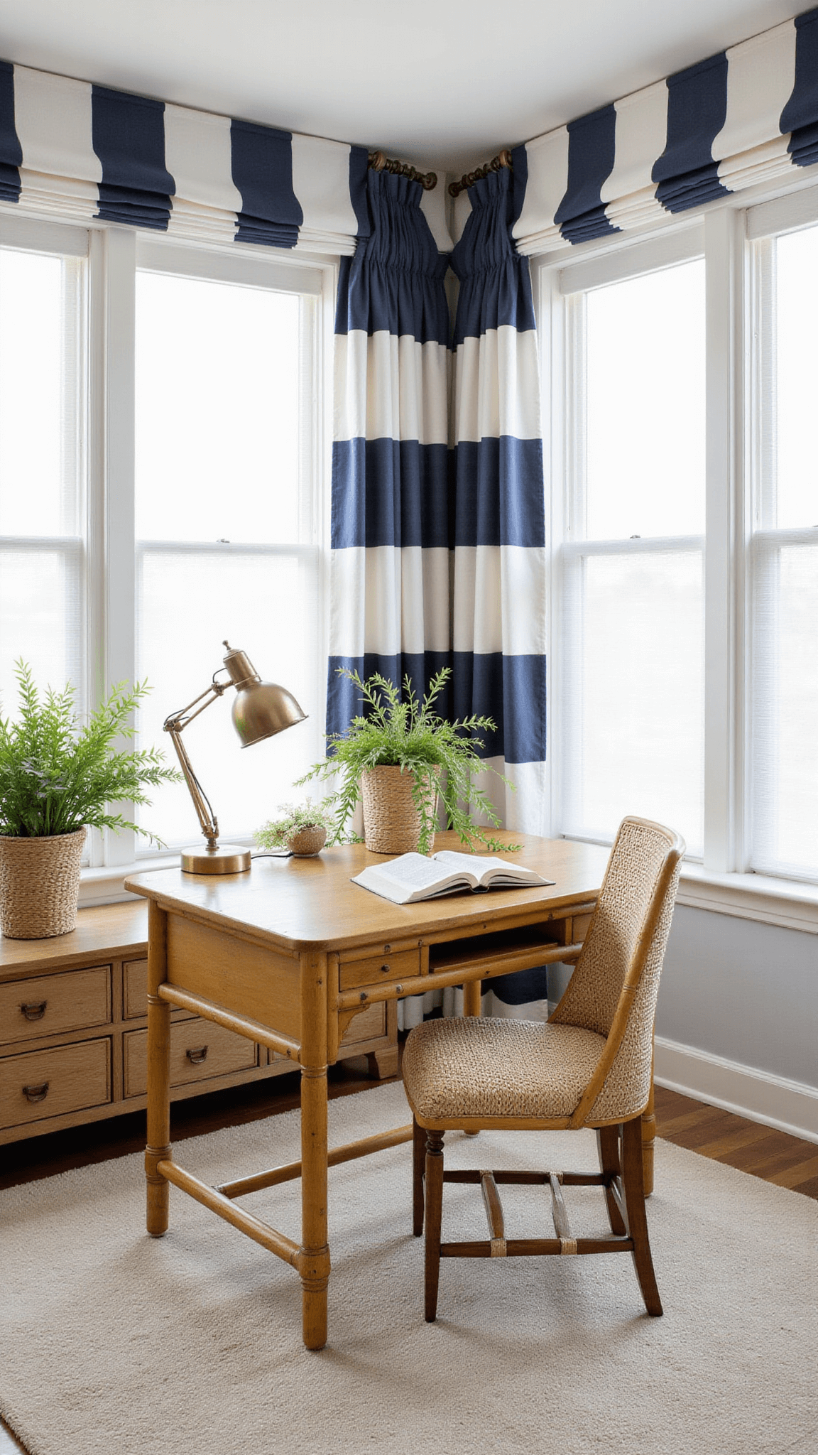 Airy 10x12ft home office nook with vintage bamboo desk, brass lamp, and coastal decor, bathed in late afternoon light from large windows with sheer linen panels.