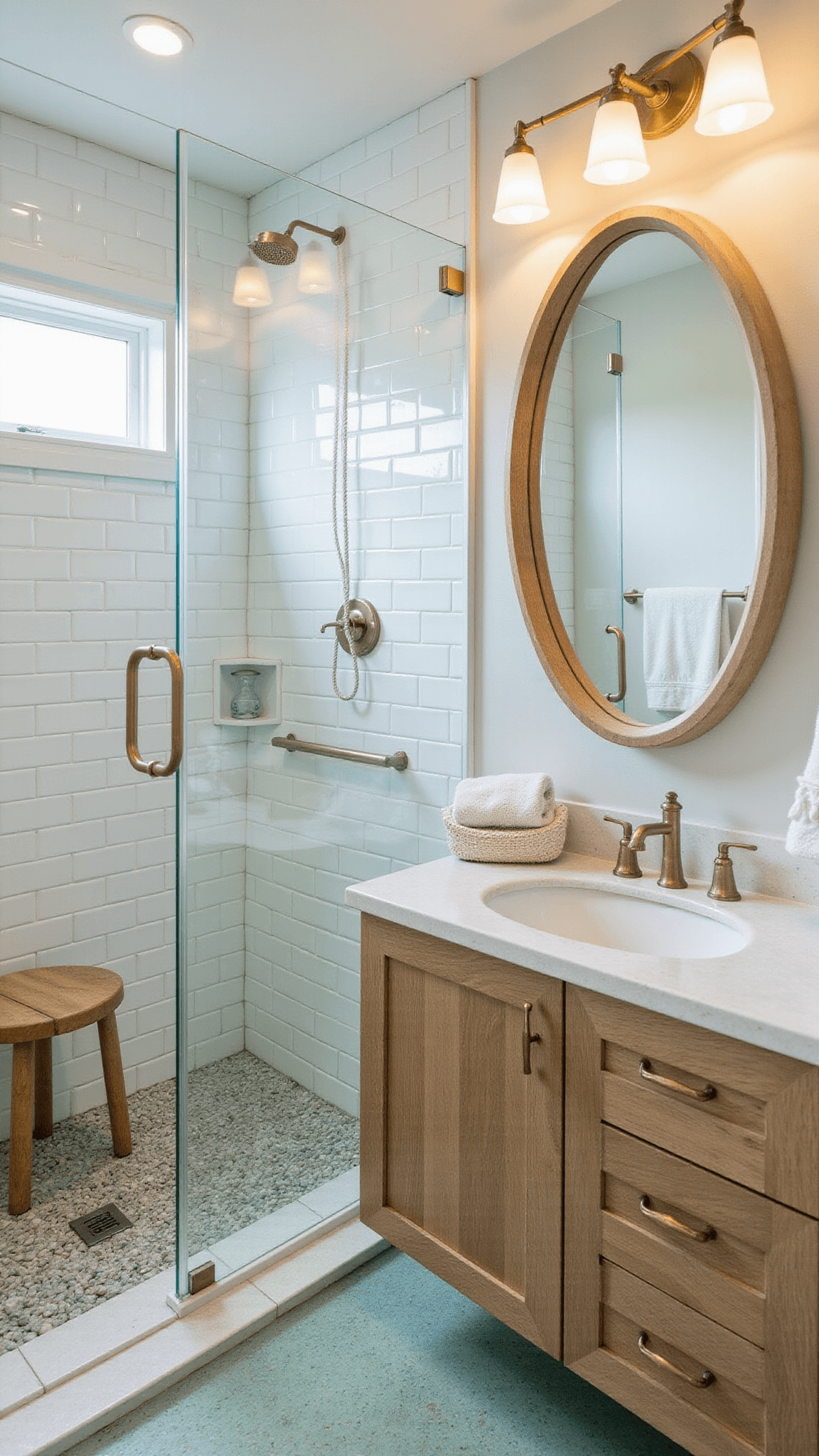 Coastal bathroom with sea glass green penny tile floor, floating bleached oak vanity, frameless glass shower, and organic accents in warm morning light.