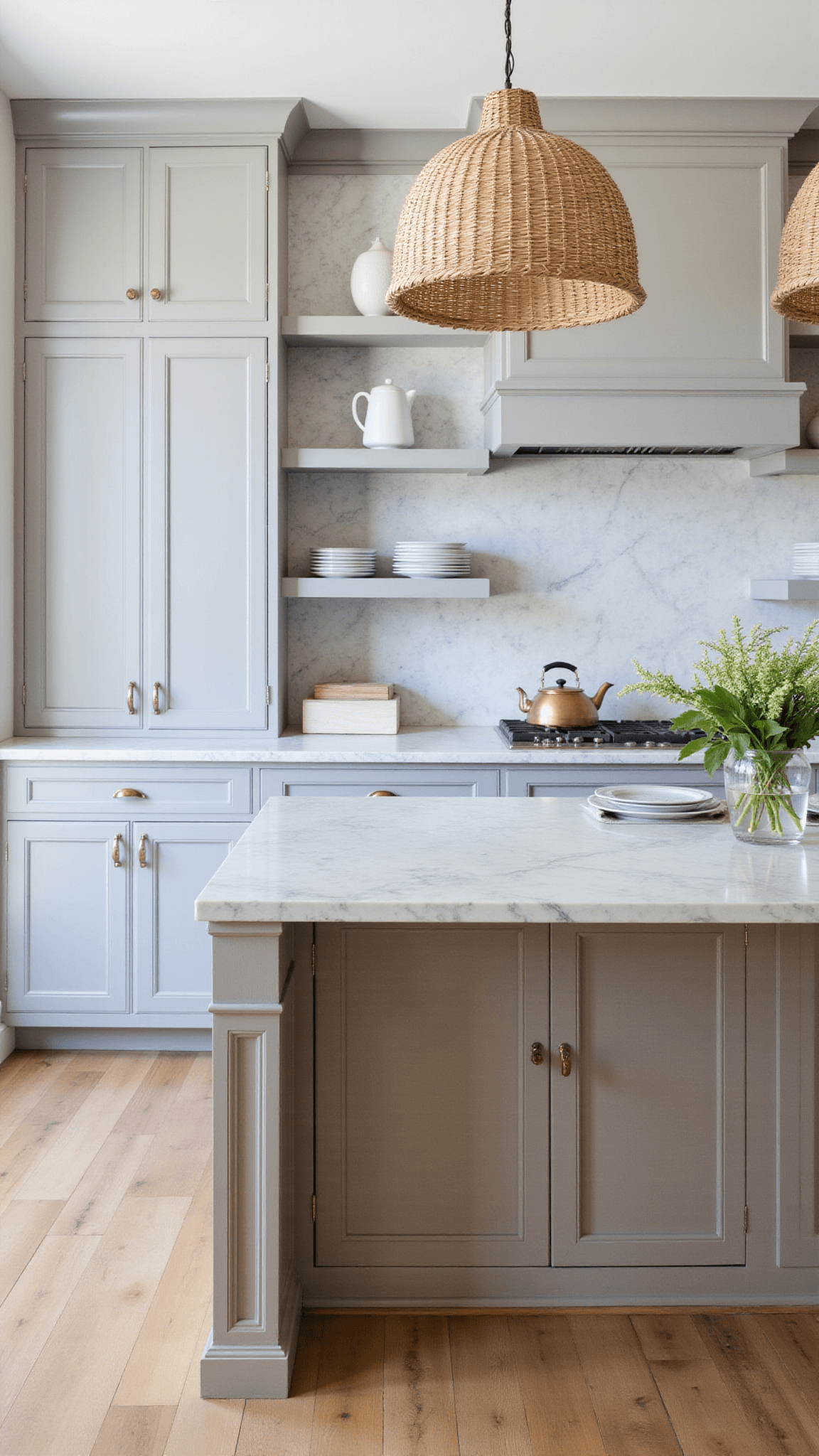 Coastal-style 12x16ft kitchen with gray shaker cabinets, marble countertops, driftwood island, and woven pendant lights, photographed at midday.