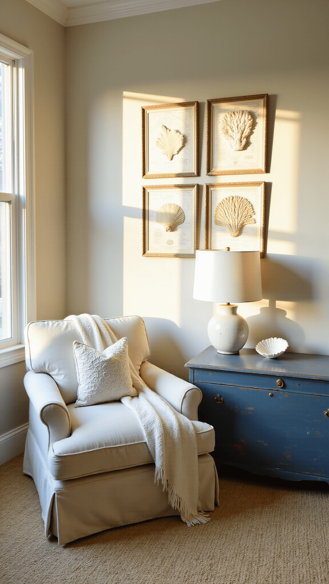 Cozy reading nook with linen chair, nautical map gallery wall, blue chest side table, capiz lamp, sisal rug, and soft golden hour lighting.