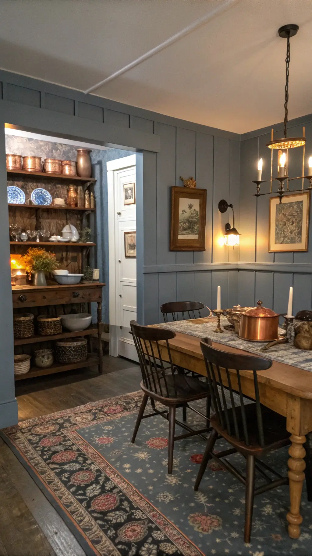Twilight dining room with vintage blue-gray walls, copper cookware on open shelving, dark oak farmhouse table, mixed seating, oil lamps, brass candlesticks, vintage quilts wall art, and worn oriental carpet.