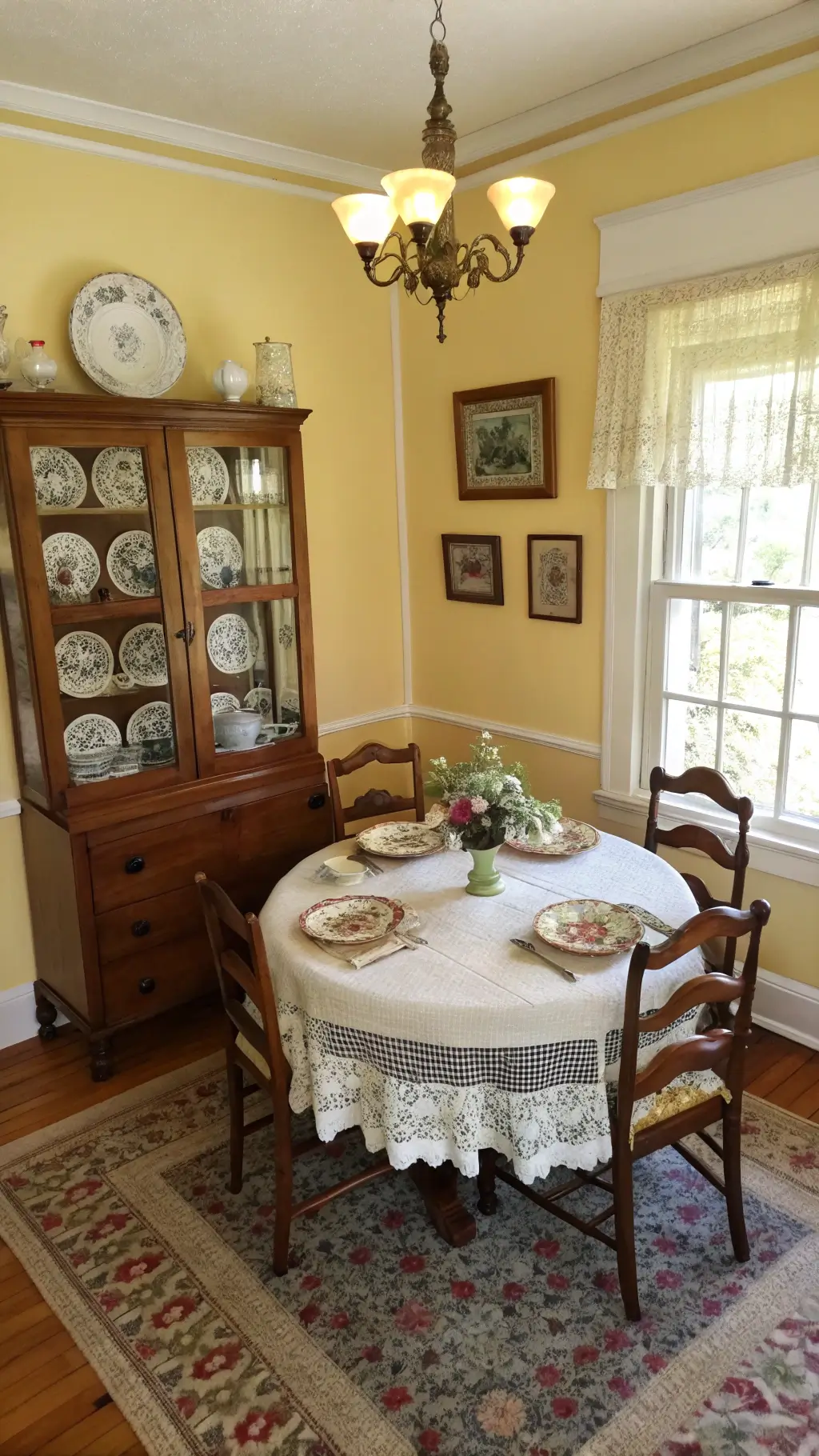 Overhead view of a cozy, well-lit 12x14ft dining area with butter yellow walls adorned with patterned plates, surrounded by ladder-back chairs, and a mahogany drop-leaf table covered by crocheted tablecloth, vintage floral carpet over a sisal rug, and a corner cabinet filled with silver and crystal items.