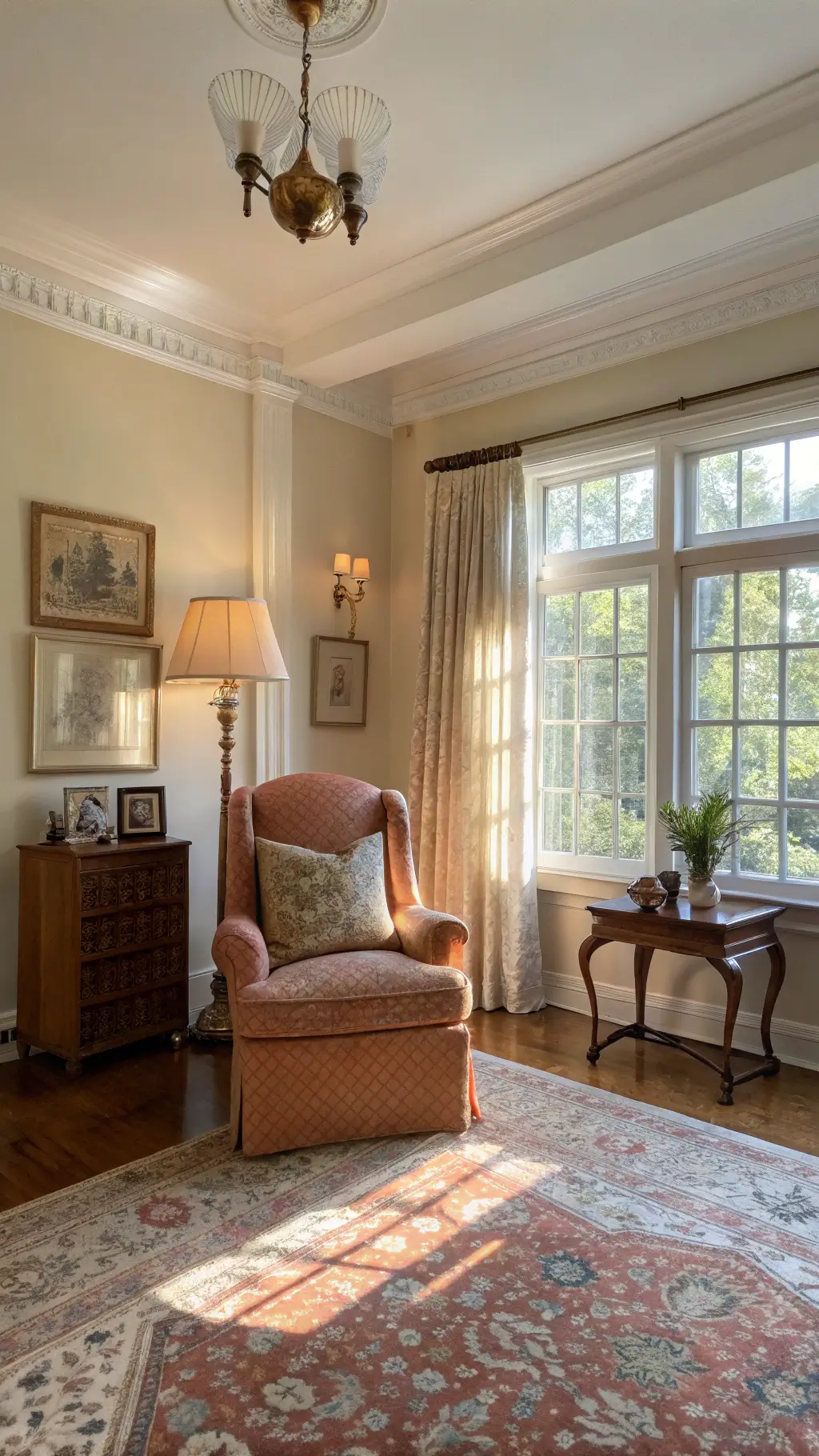 Vintage style living room with rose-patterned wingback chair, brass floor lamp, and antique wooden side table decorated with milk glass vases and family photos, during golden hour.