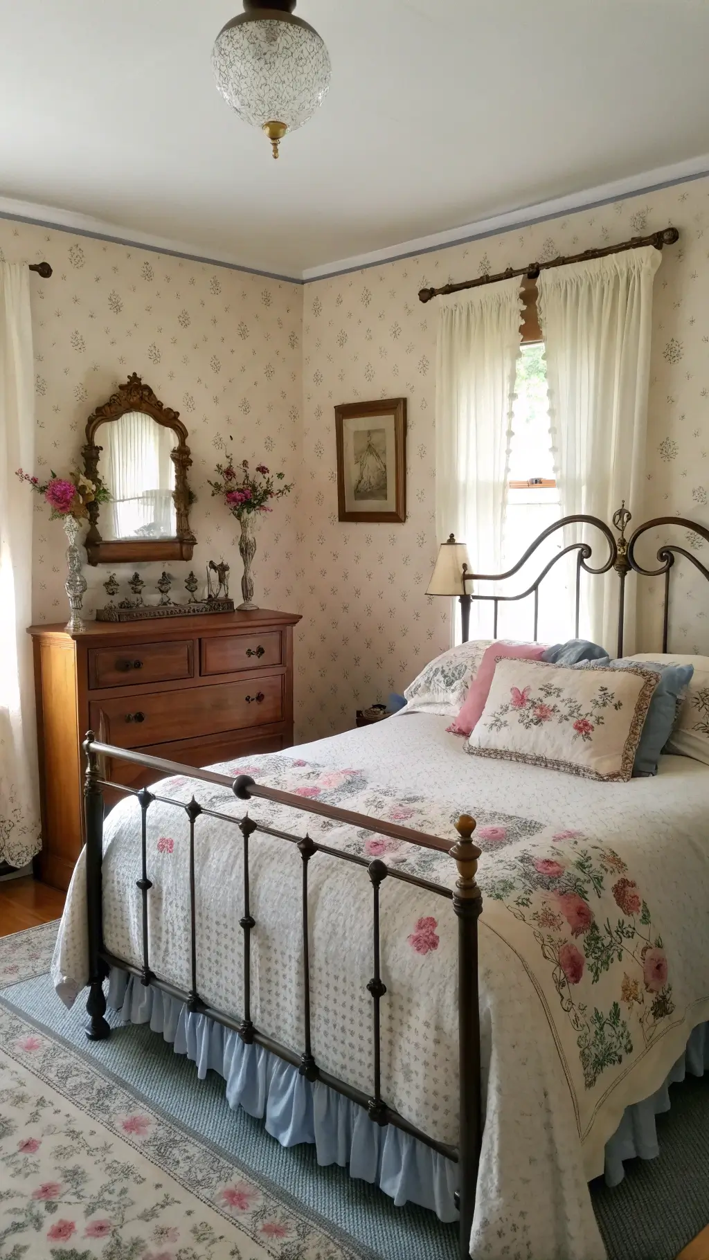 Cozy 12x14ft bedroom with dusty blue and rose floral bed, antique cherry wood dresser under a gilt-framed mirror, and strawberry patterned wallpaper.