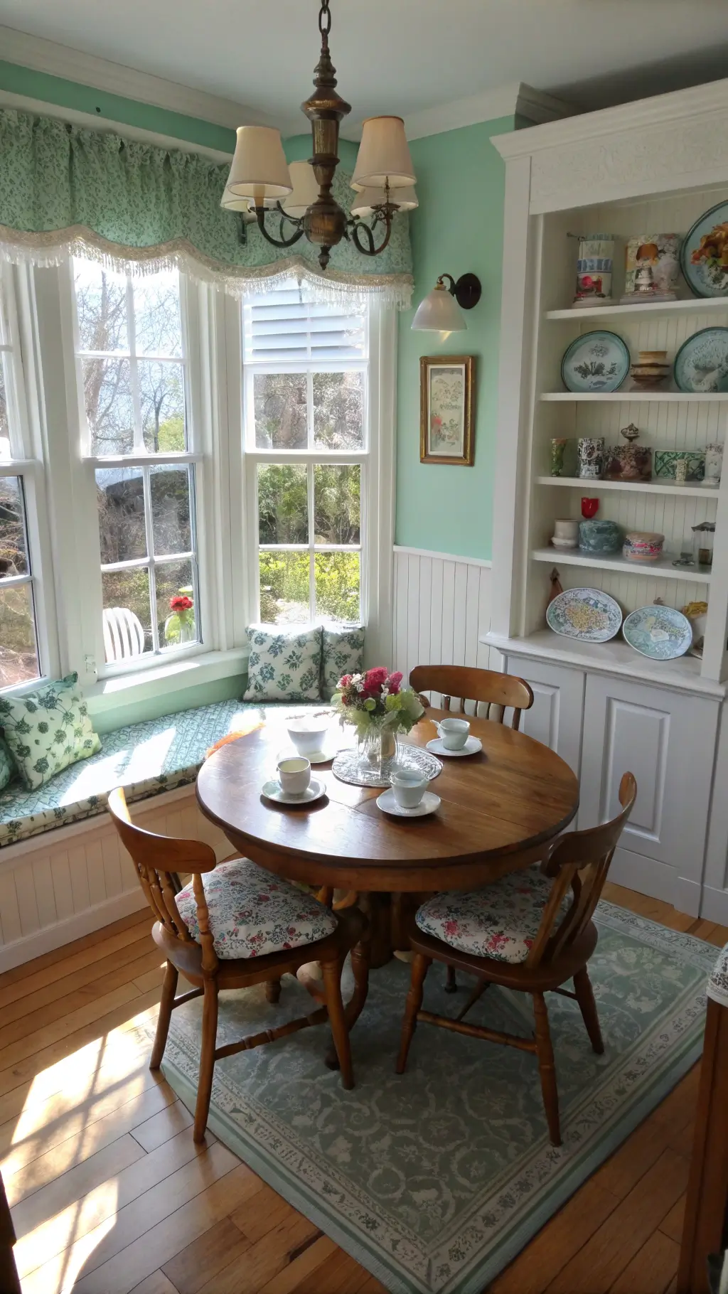 Charming breakfast nook with mint green walls, vintage teacups on shelves, oak table, painted chairs with needlepoint cushions, and crystal prisms in the window casting rainbow reflections