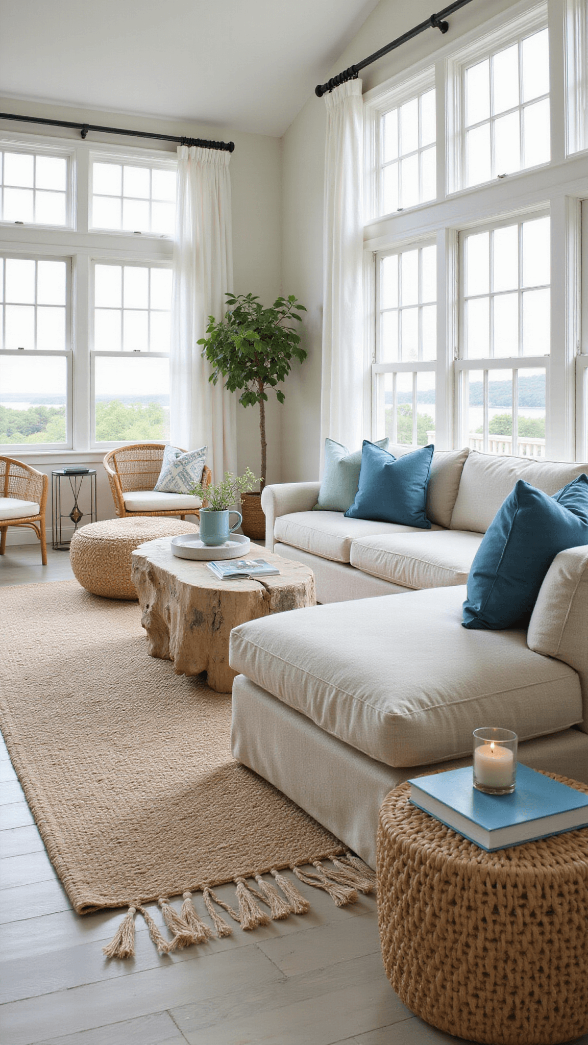 Coastal-inspired living room with L-shaped oatmeal sectional, seafoam and azure pillows, rattan chairs, driftwood coffee table, and sunlit through sheer curtains.
