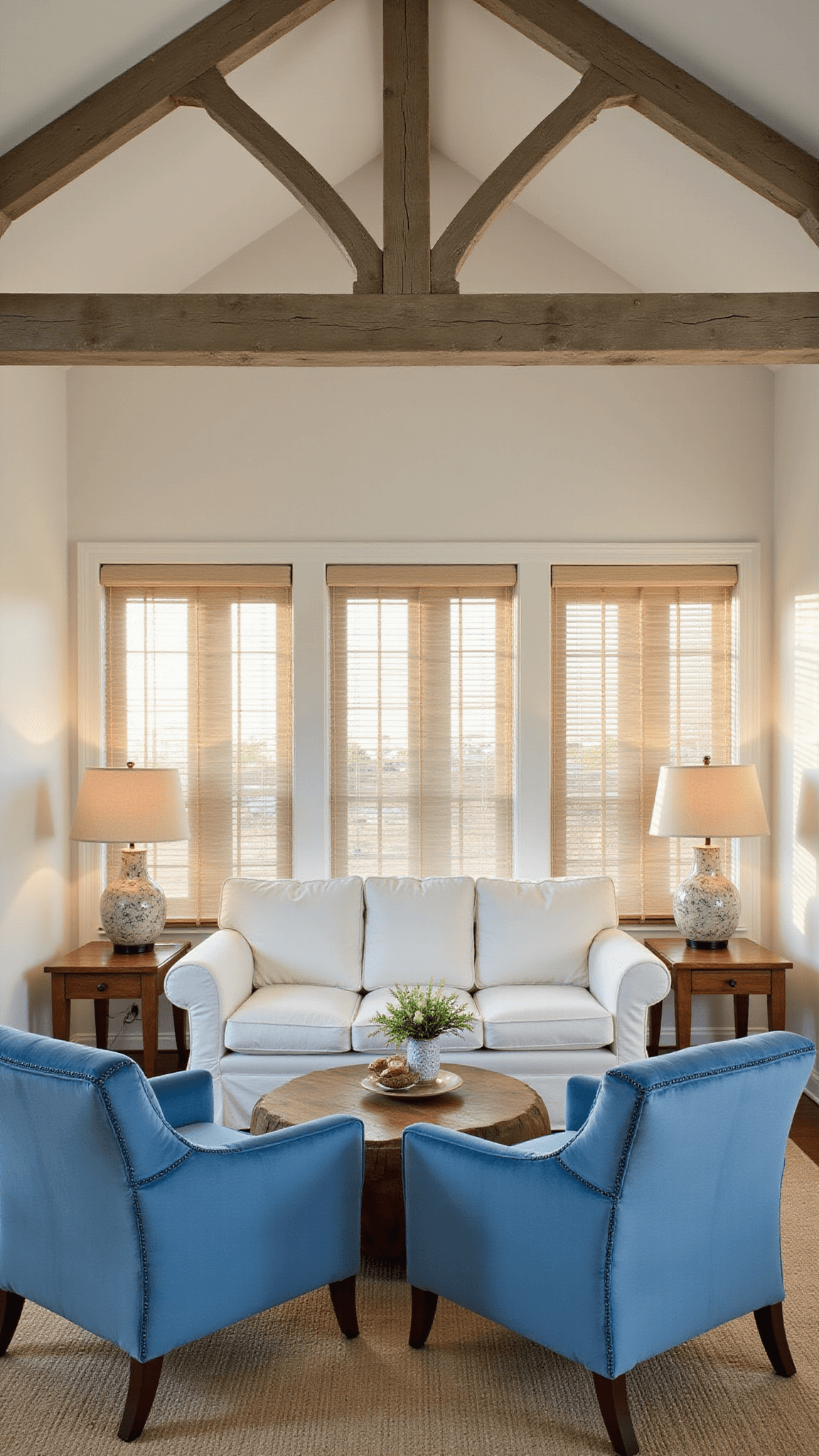 Coastal living room at golden hour with white sofa, blue velvet chairs, pearl walls, bamboo blinds, and warm sunset lighting.