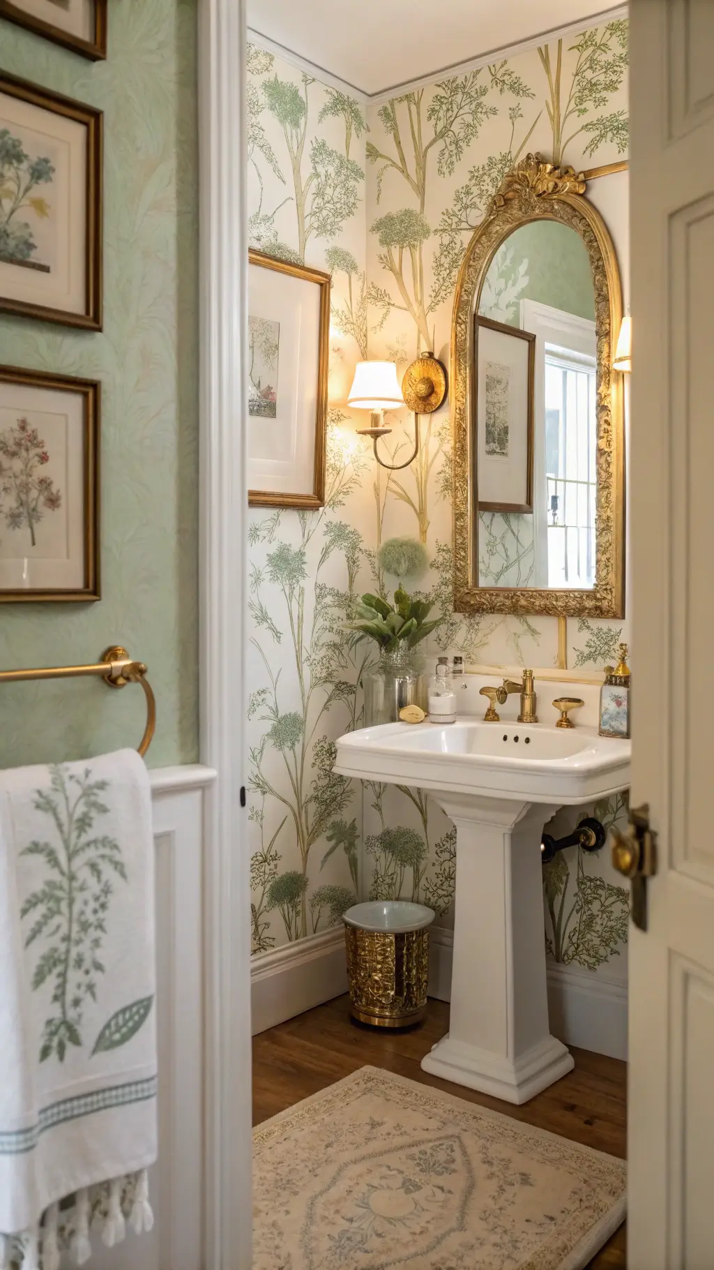 Elegant powder room with sage botanical wallpaper, gold-framed portraits, vintage vanity mirror, pedestal sink with brass fixtures, embroidered linens, and crystal perfume bottles in morning light