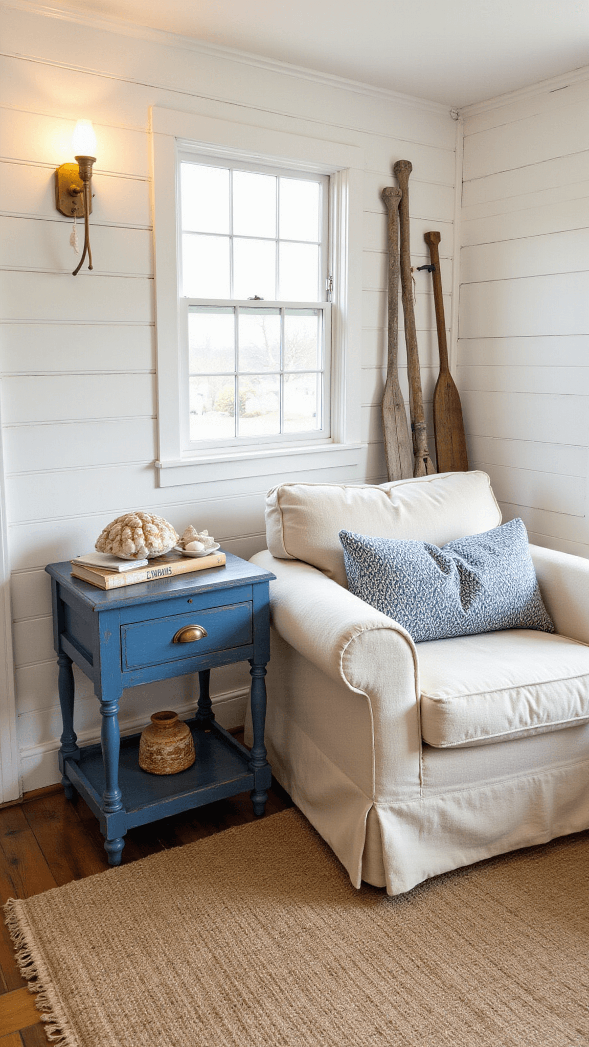 Cozy beach cottage living room at dusk with warm white shiplap walls, vintage lighting, a linen armchair, distressed blue side table, layered rugs, and nautical decor accents.