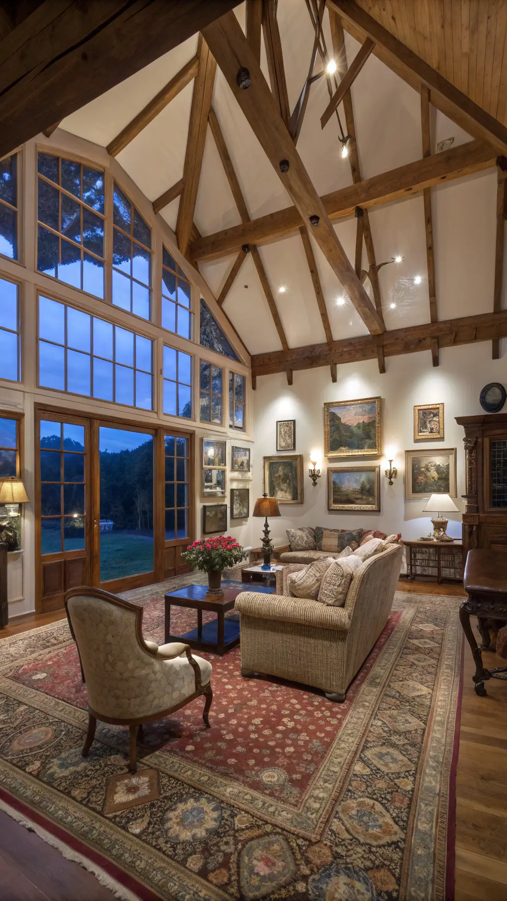 Spacious great room with vintage seating, Persian carpet, vaulted ceiling with exposed beams, gallery wall with gilt frames and vintage oil paintings, photographed during blue hour with mixed lighting.