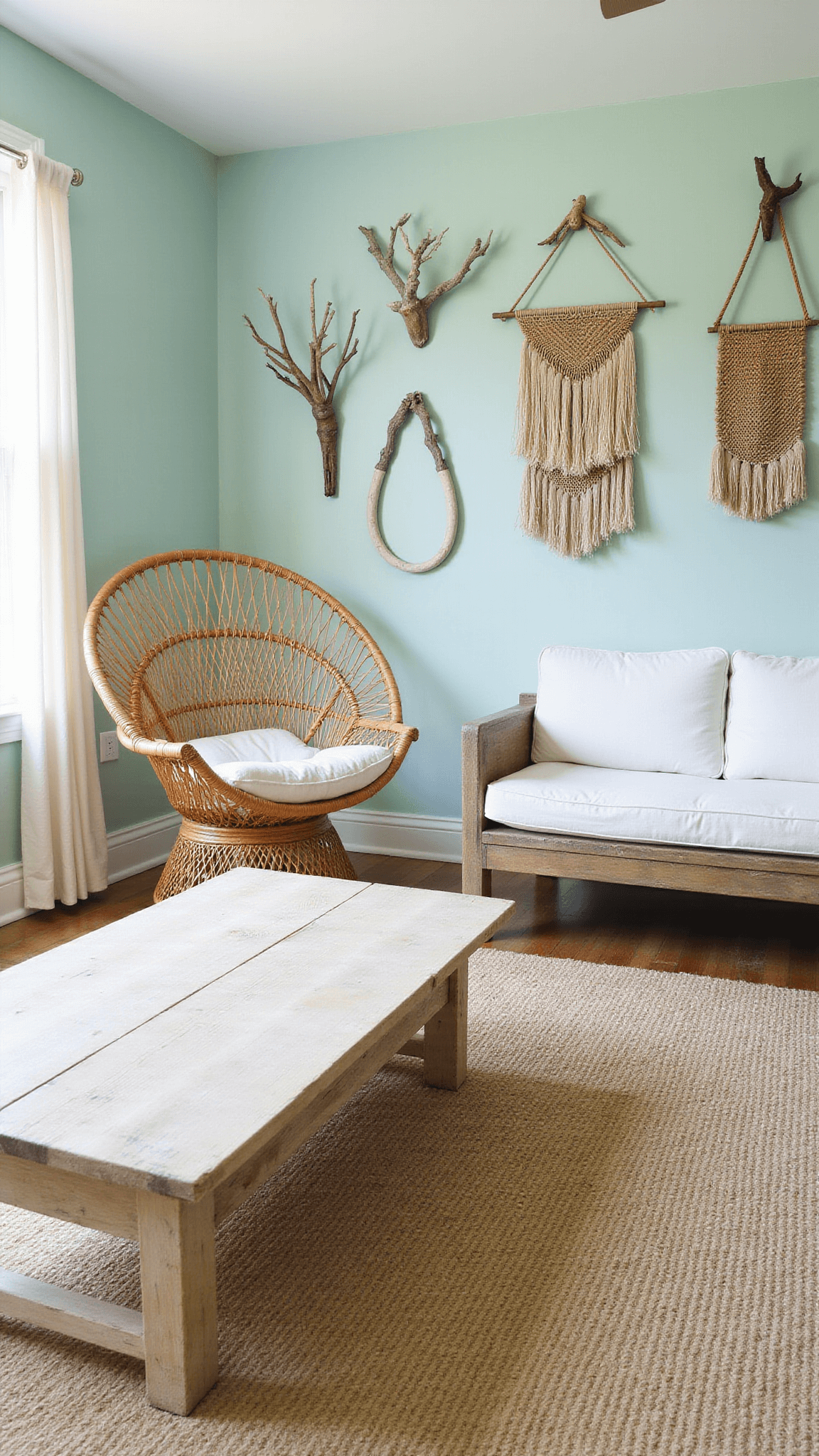 Beach-inspired eclectic room with pale aqua walls, rattan peacock chair, white linen sofa, reclaimed wood coffee table, and driftwood and woven wall art in morning light.