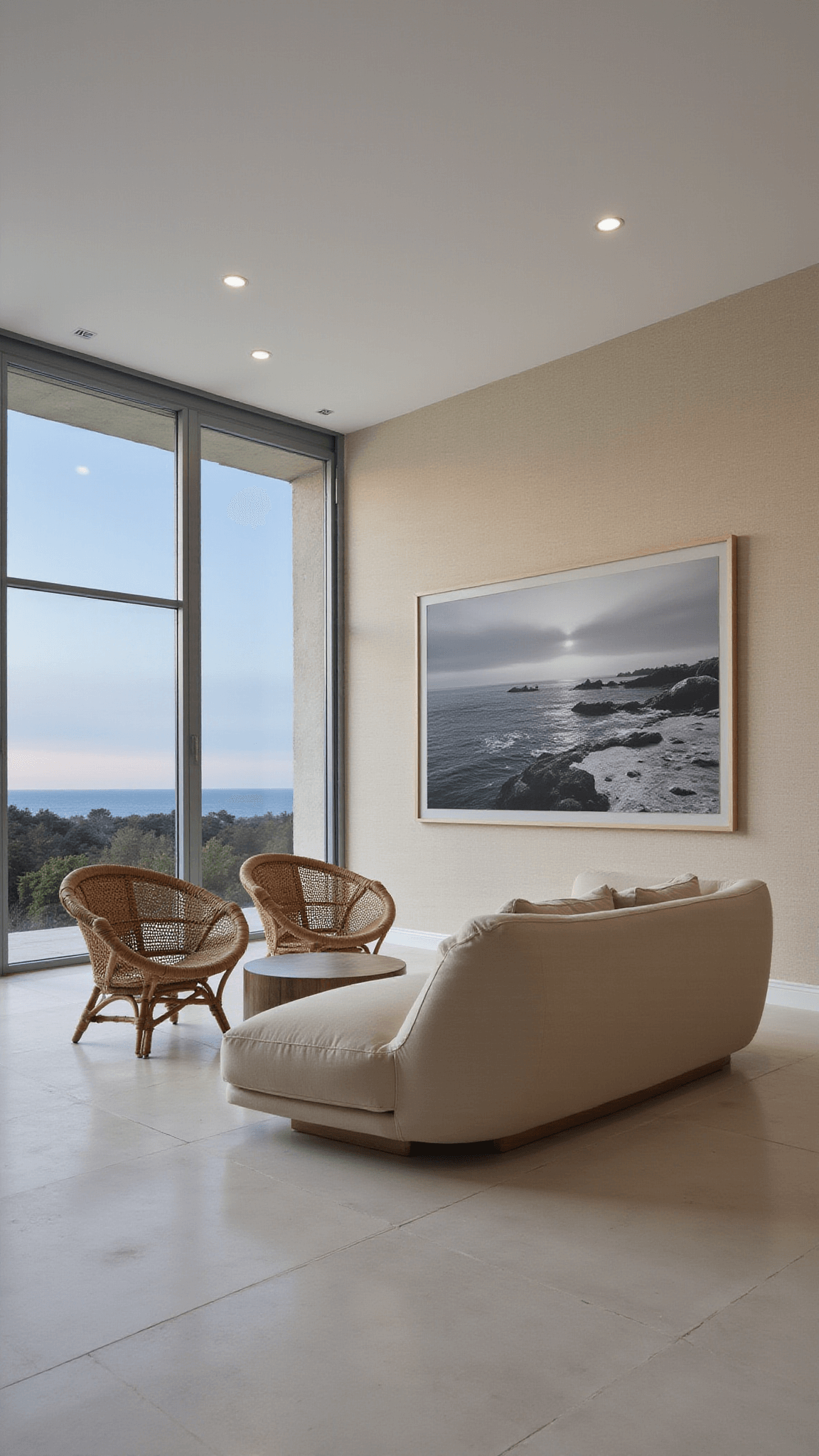 Minimalist coastal living room with curved sand-tone sofa, rattan chairs, white oak floors, and steel-framed windows at twilight.