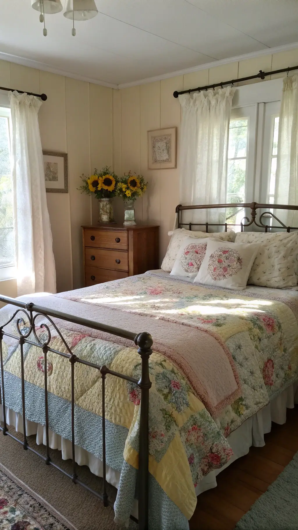 A 12x14ft vintage bedroom bathed in soft morning light, featuring an iron bed frame with a handmade quilted coverlet, mismatched embroidered pillowcases, a painted wooden headboard, and a distressed dresser topped with milk glass vases filled with dried hydrangeas, with light diffusing through eyelet curtains for a gentle, ethereal quality.