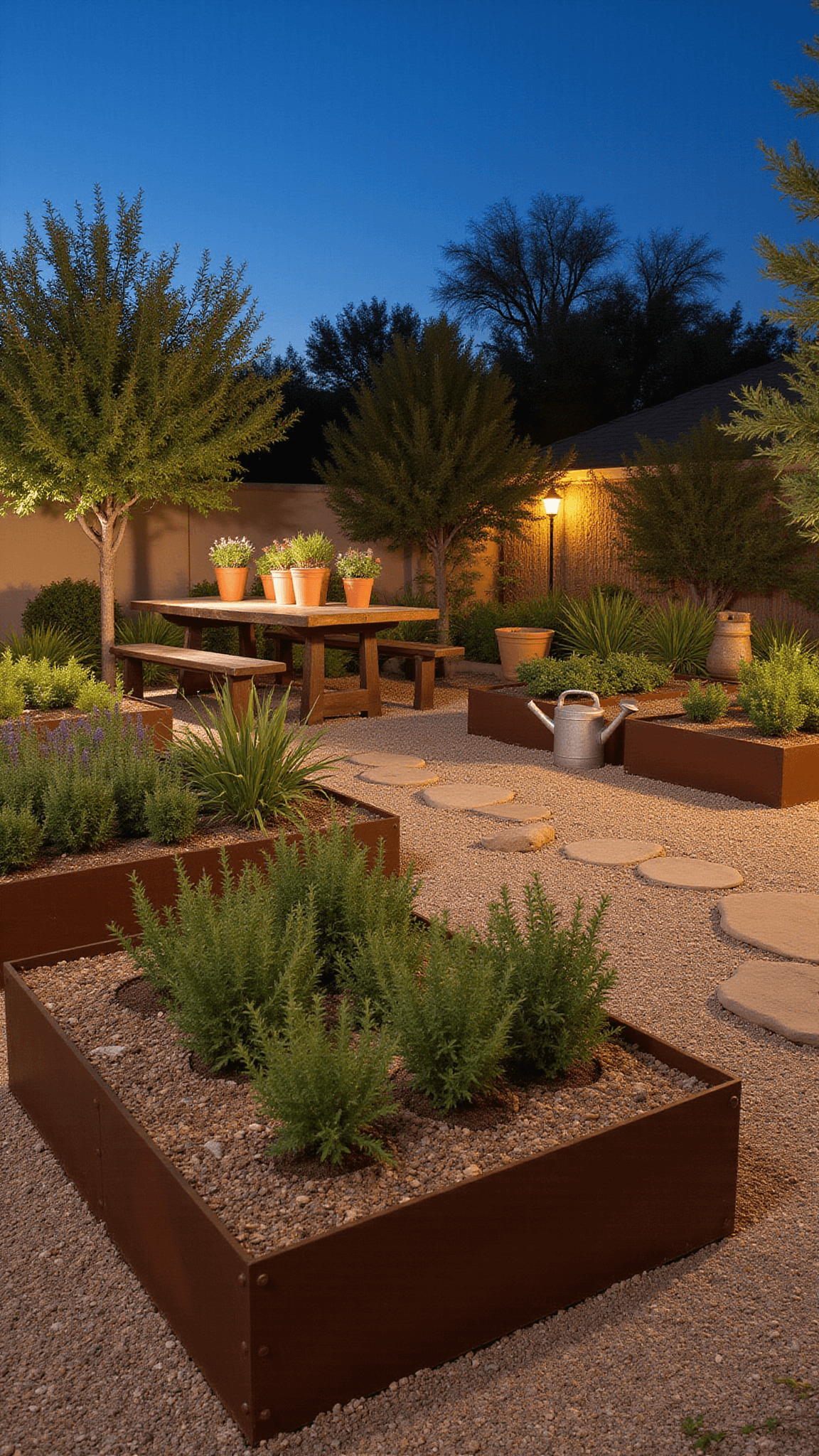 Twilight view of sustainable garden kitchen with raised Corten steel beds, solar lighting, gravel paths, reclaimed wood dining table, and rustic garden accents.