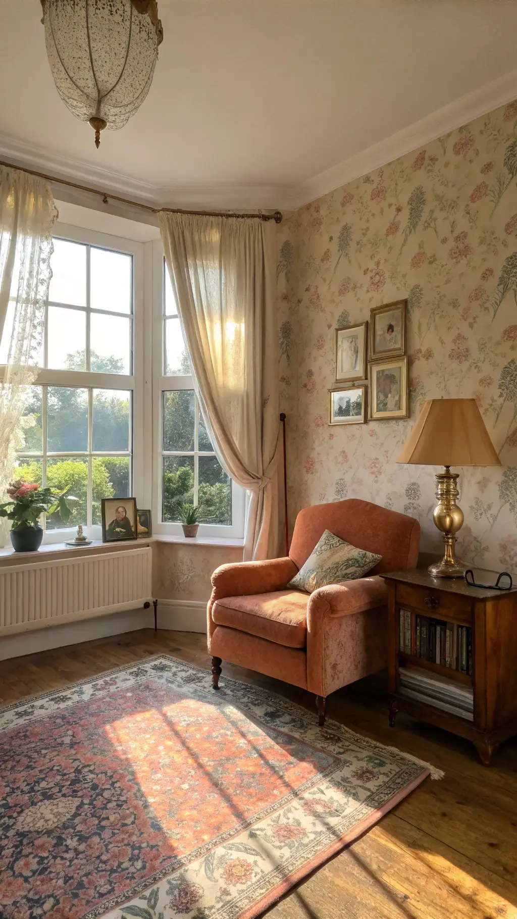 Sunlit living room with floral wallpaper, cream lace curtains, an orange velvet armchair, side table with family photos, varied rugs on hardwood floors, and sofa draped in blankets.
