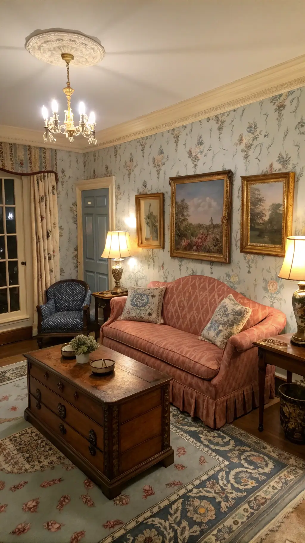 Traditional living room with Victorian rose velvet sofa, antique cedar chest coffee table, ornate brass trinkets and gilded oil paintings, all illuminated by warm table lamps at dusk.