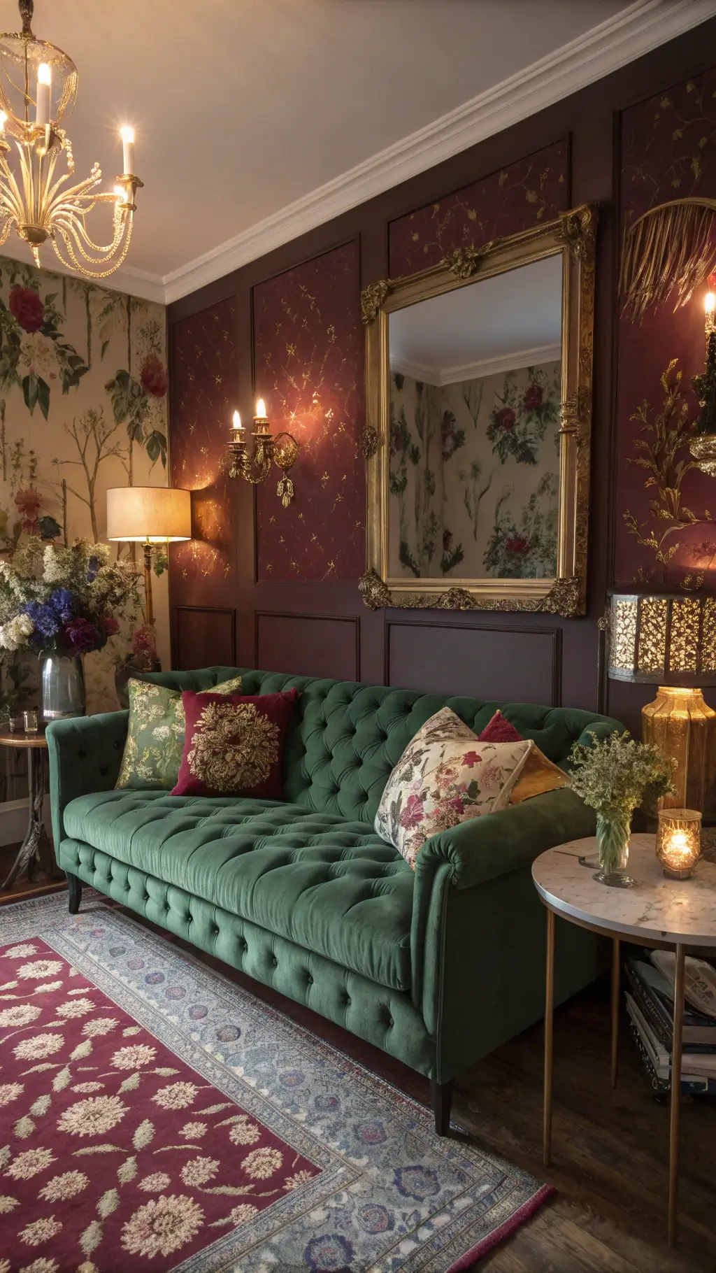 Victorian-style living room bathed in twilight glow featuring an emerald green tufted sofa with quilt, brass wall sconces, floral wallpaper, side tables with milk glass vases, a large gilt mirror, and textured pillows and throws.