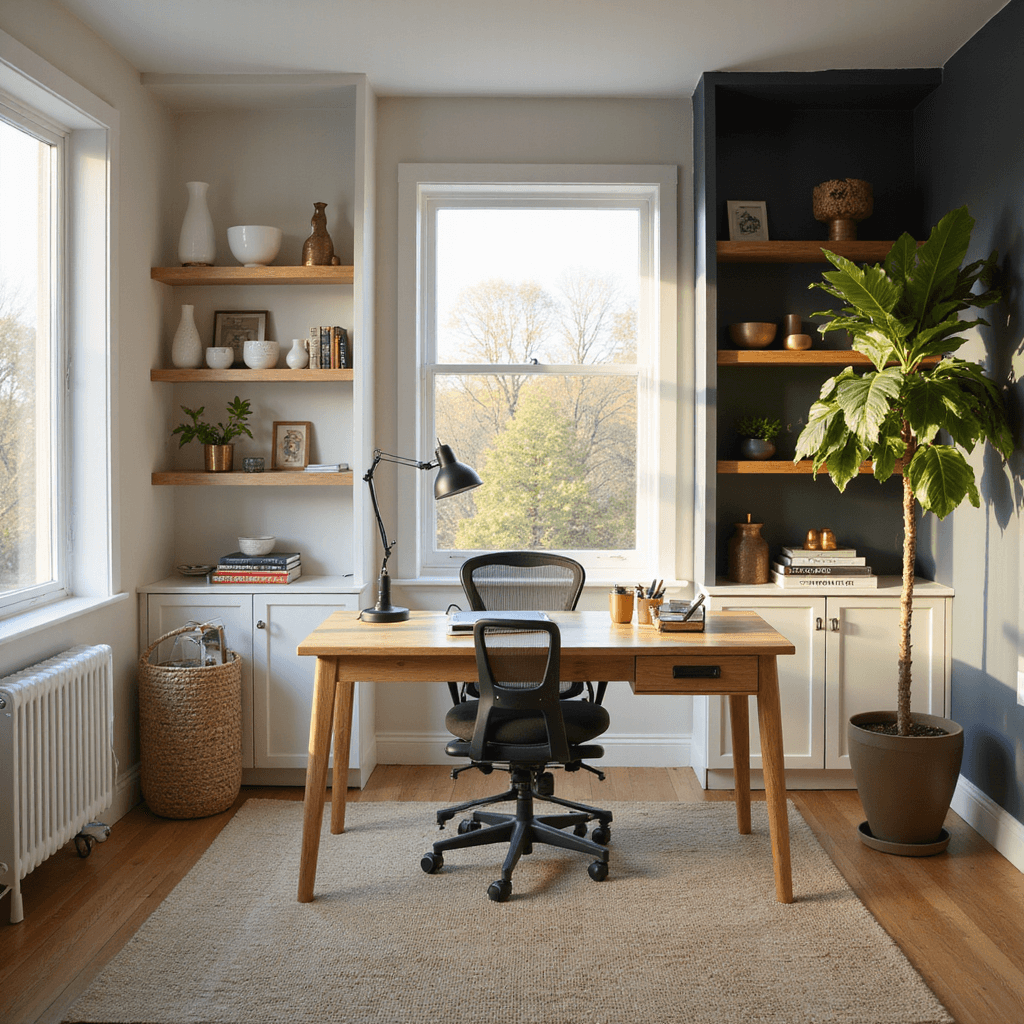Sunlit contemporary home office with white oak desk, Aeron chair, and west-facing windows during golden hour, featuring minimalist decor and warm professional ambiance.