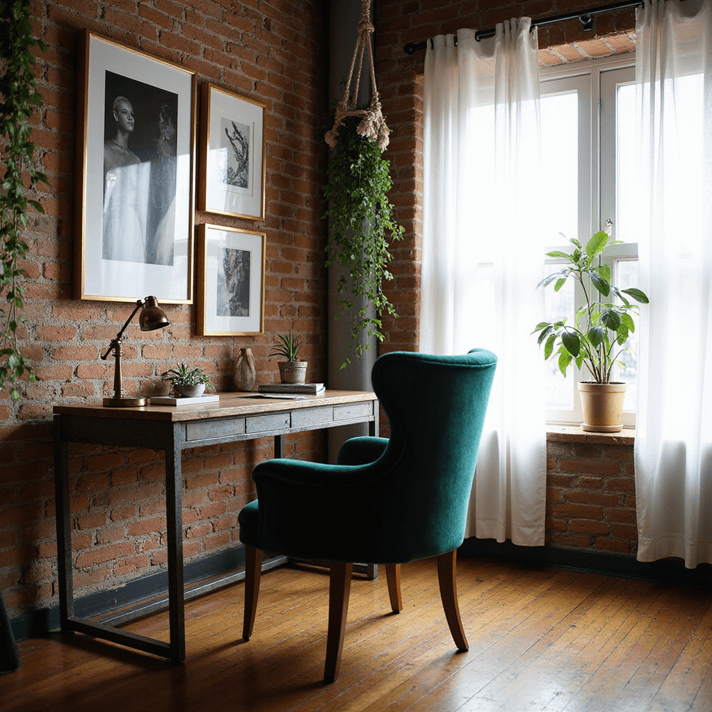 Moody low-angle view of a cozy creative office with exposed brick, vintage industrial desk, emerald velvet chair, gold-framed art, and trailing plants.